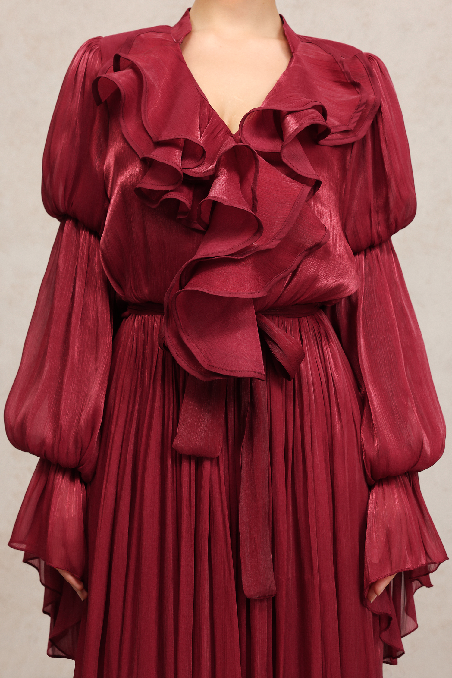 Ona Long Sleeves Folds Red Maxi Dress