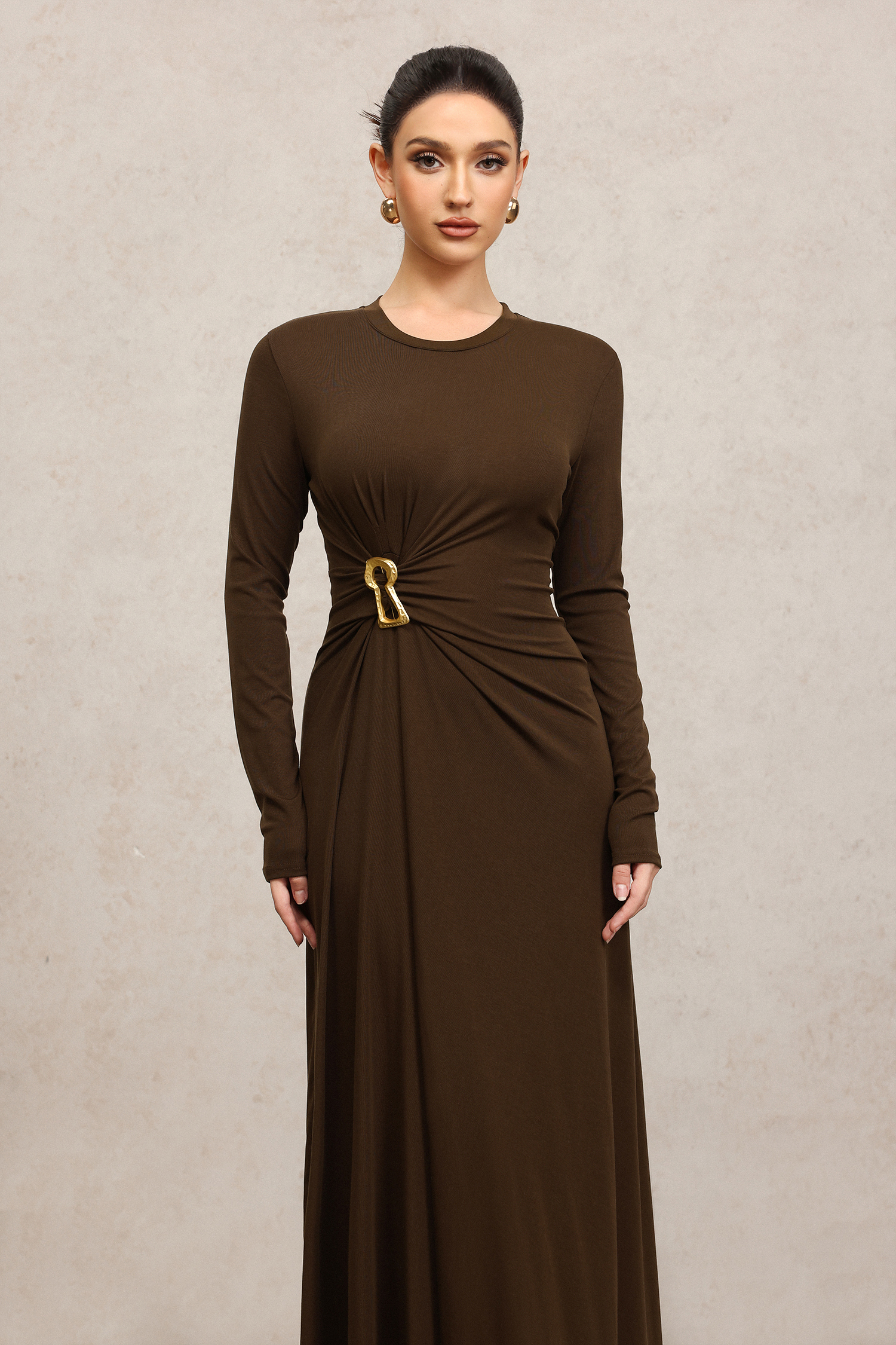 Koko Round Neck Long Sleeves Folds Maxi Dress