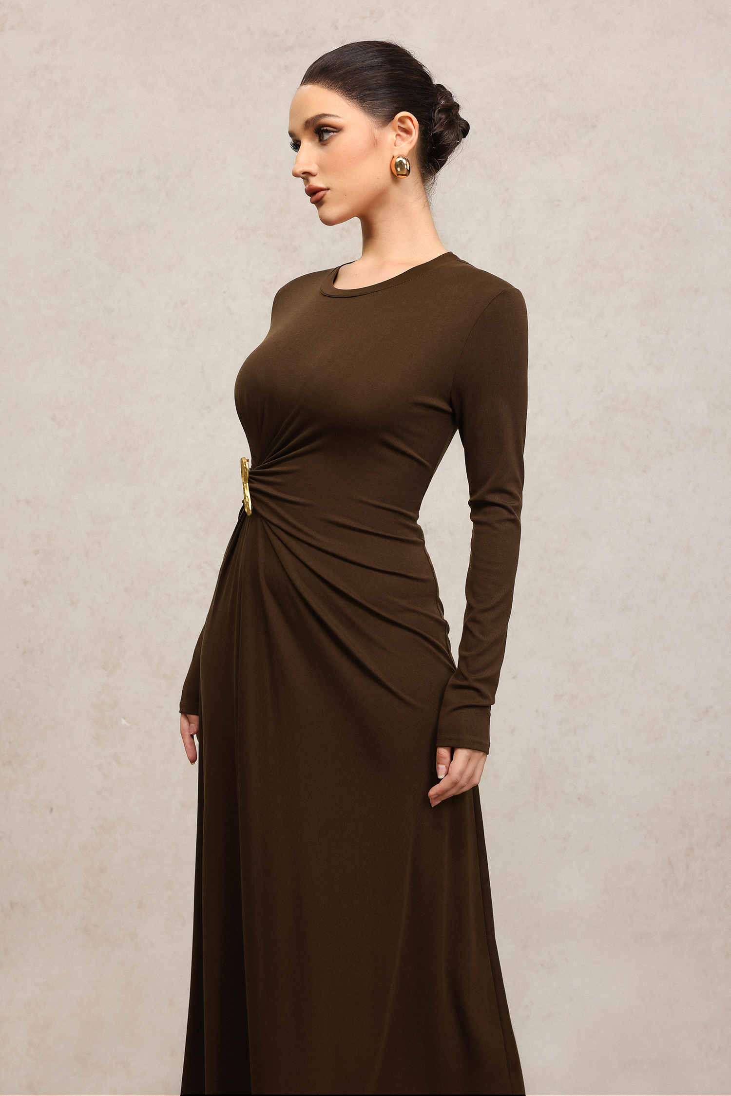 Koko Round Neck Long Sleeves Folds Maxi Dress