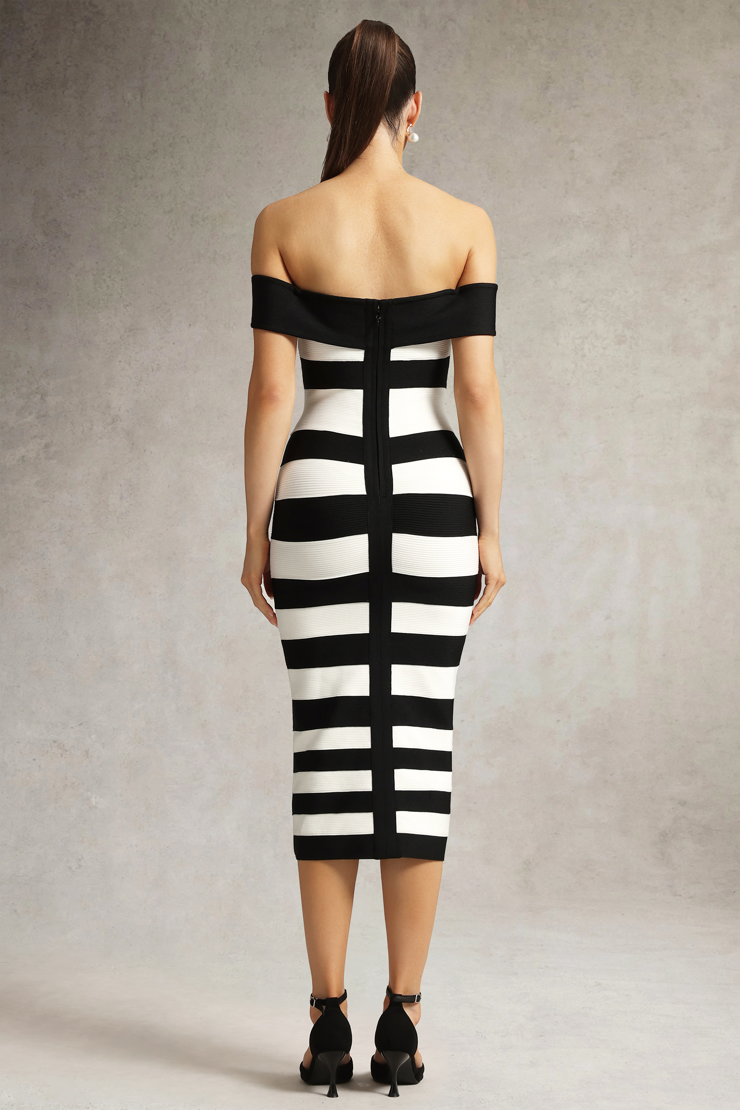 Korasa Off Shoulder Symmetrical Stripe Bandage Midi Dress