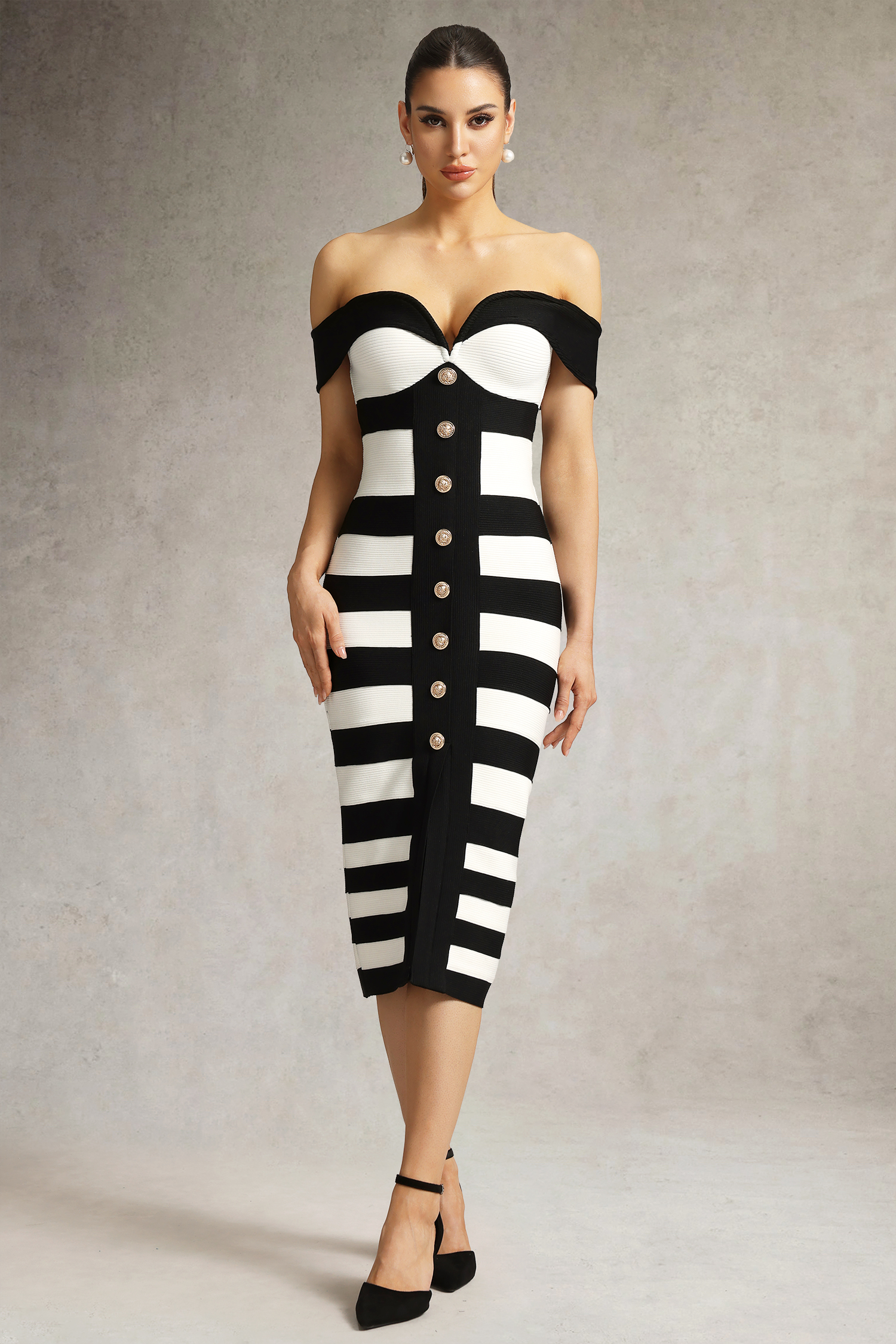Korasa Off Shoulder Symmetrical Stripe Bandage Midi Dress