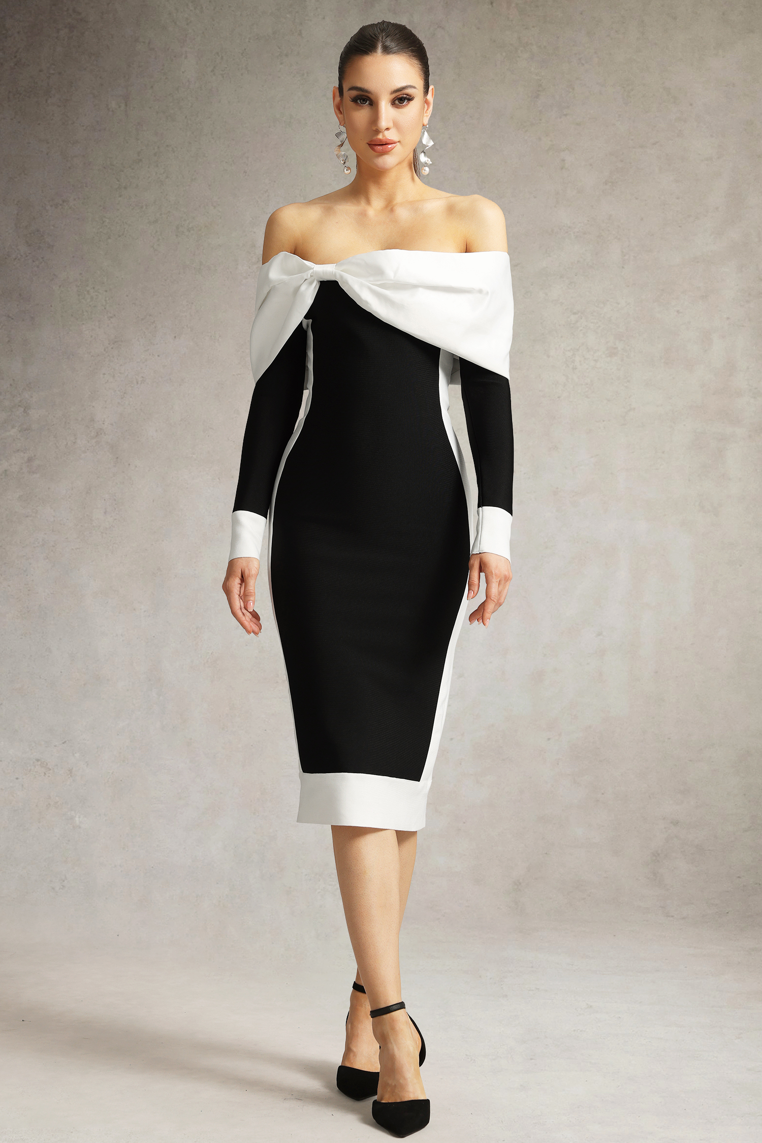 Oria Off Shoulder Bow Bandage Midi Dress
