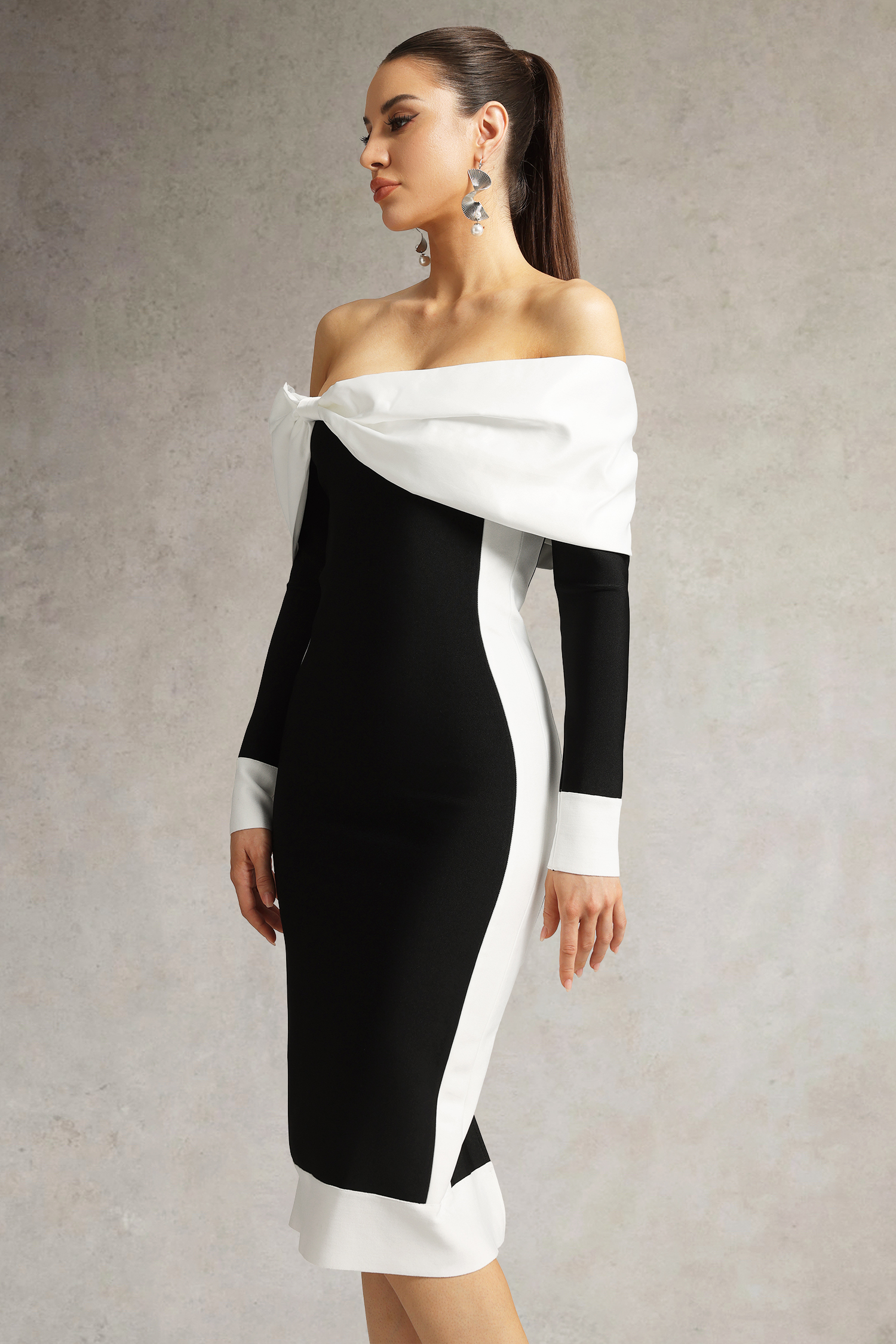 Oria Off Shoulder Bow Bandage Midi Dress