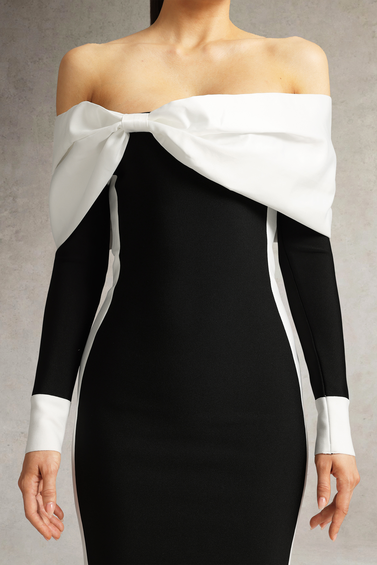 Oria Off Shoulder Bow Bandage Midi Dress