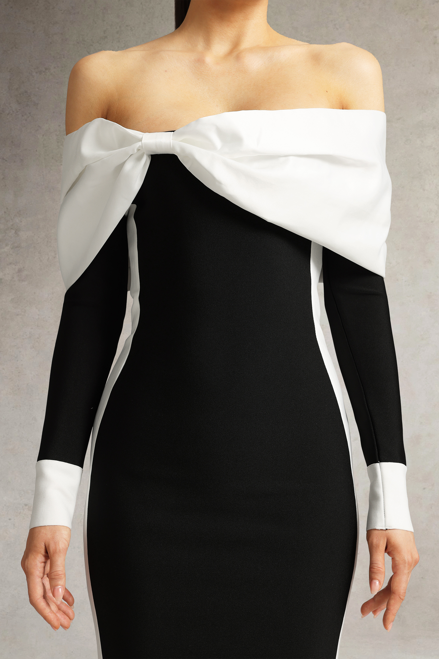 Oria Off Shoulder Bow Bandage Midi Dress