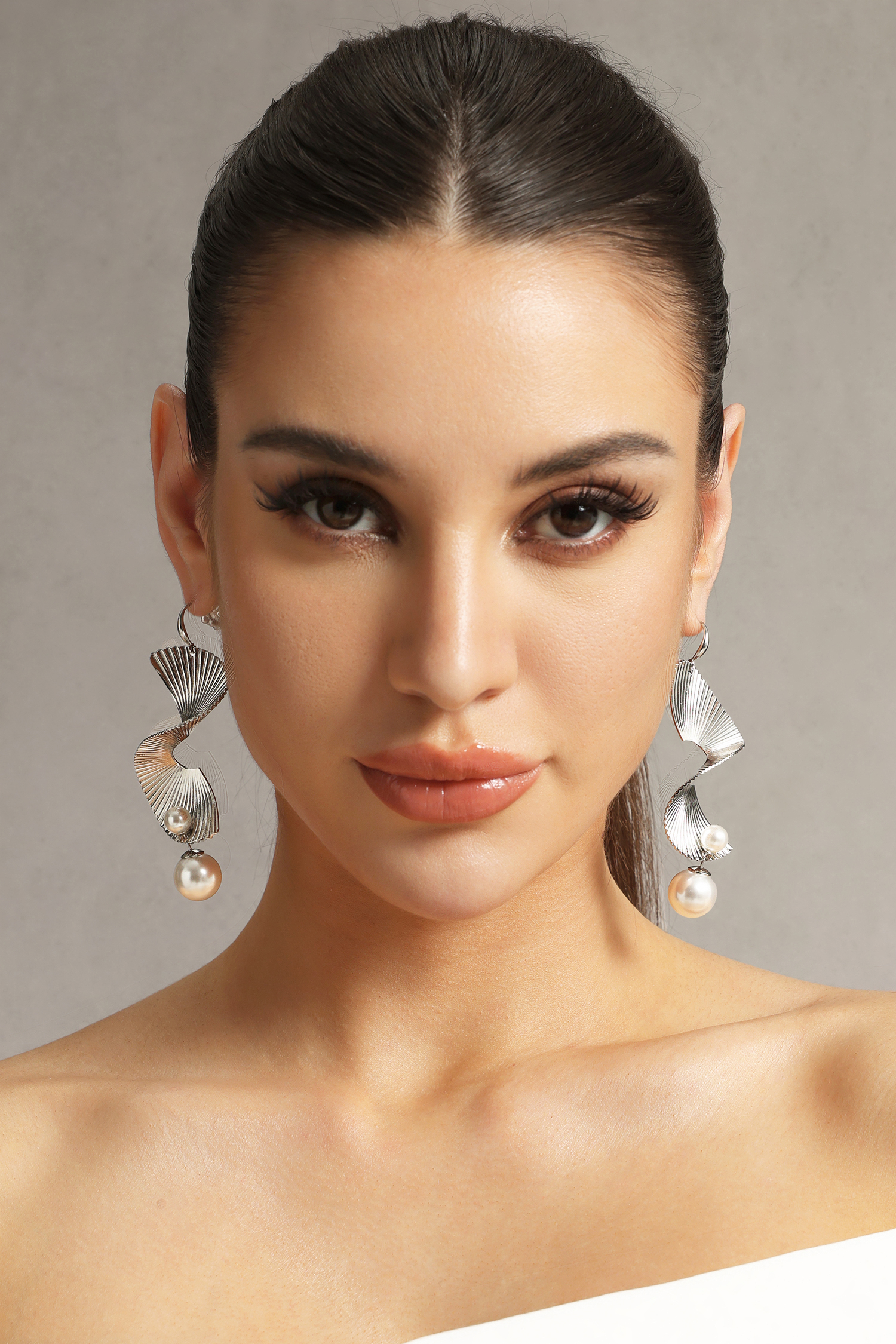 Hollie Wave Sector Pearl Tassels Silver Earrings