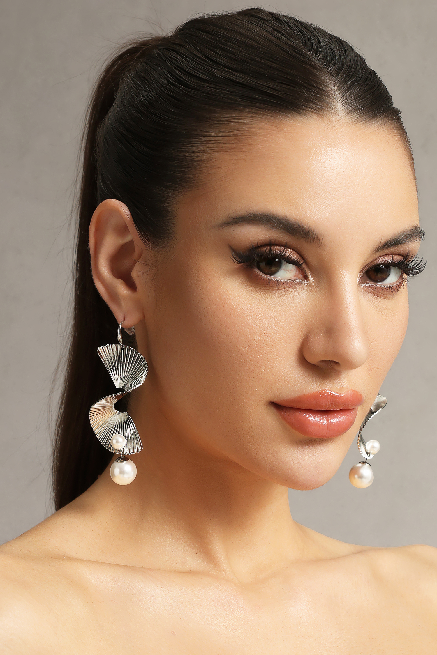 Hollie Wave Sector Pearl Tassels Silver Earrings