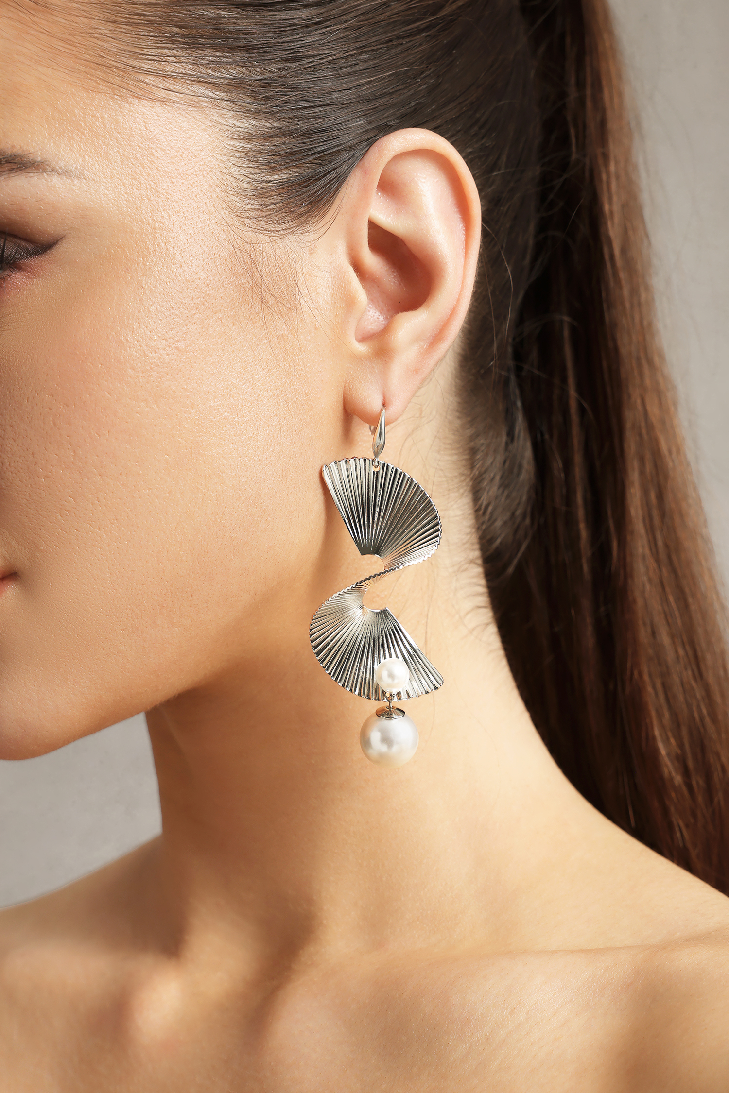 Hollie Wave Sector Pearl Tassels Silver Earrings