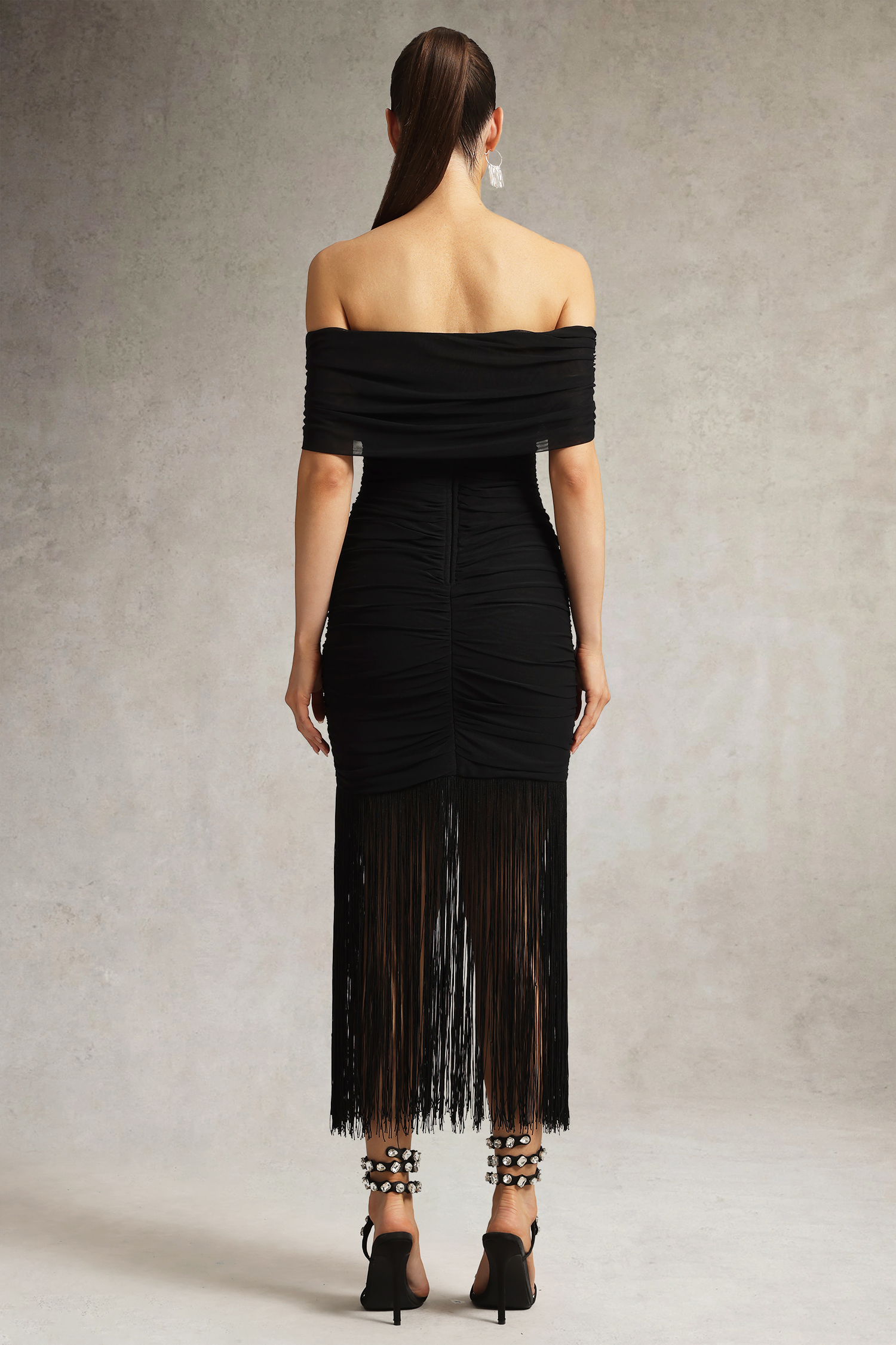 Verde Off Shoulder Ruched Fringe Maxi Dress