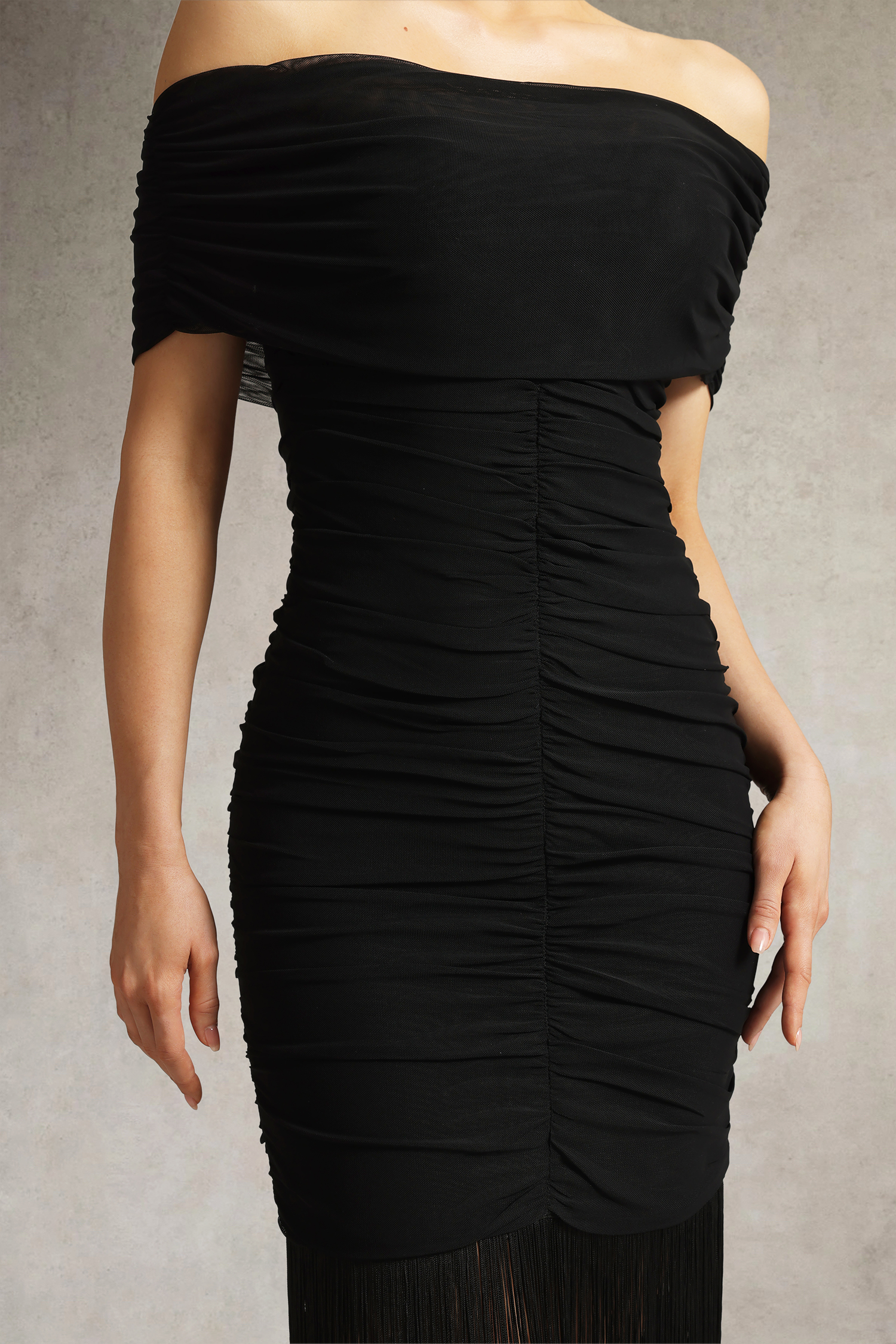 Verde Off Shoulder Ruched Fringe Maxi Dress