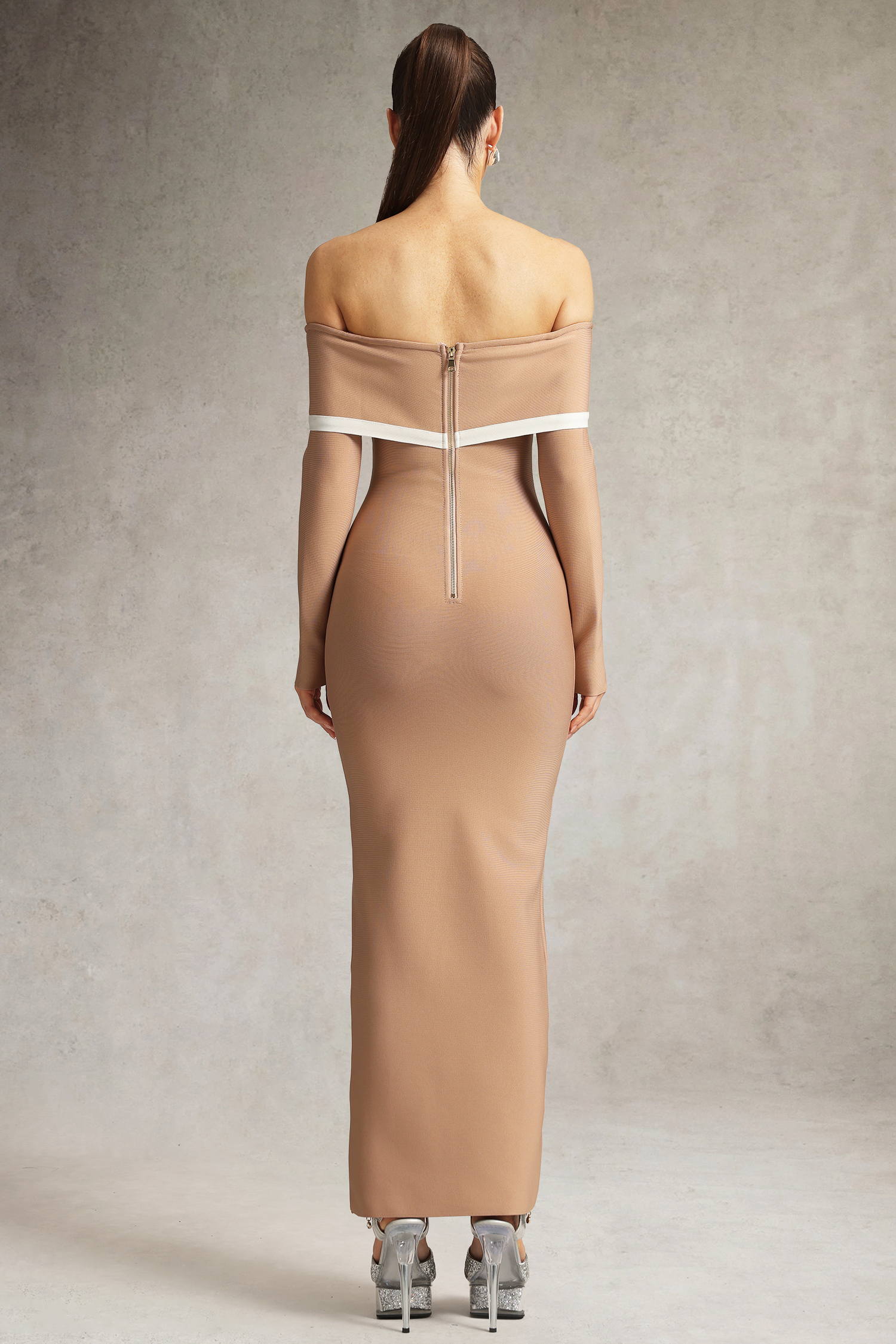 Hilda Off The Shoulder Long Sleeve Brown Maxi Dress