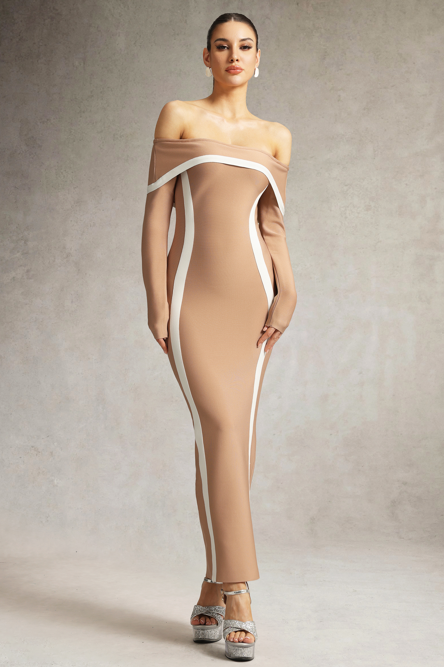 Hilda Off The Shoulder Long Sleeve Brown Maxi Dress