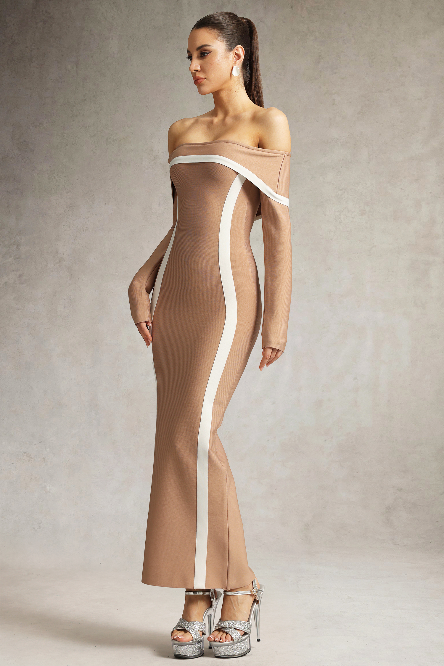 Hilda Off The Shoulder Long Sleeve Brown Maxi Dress