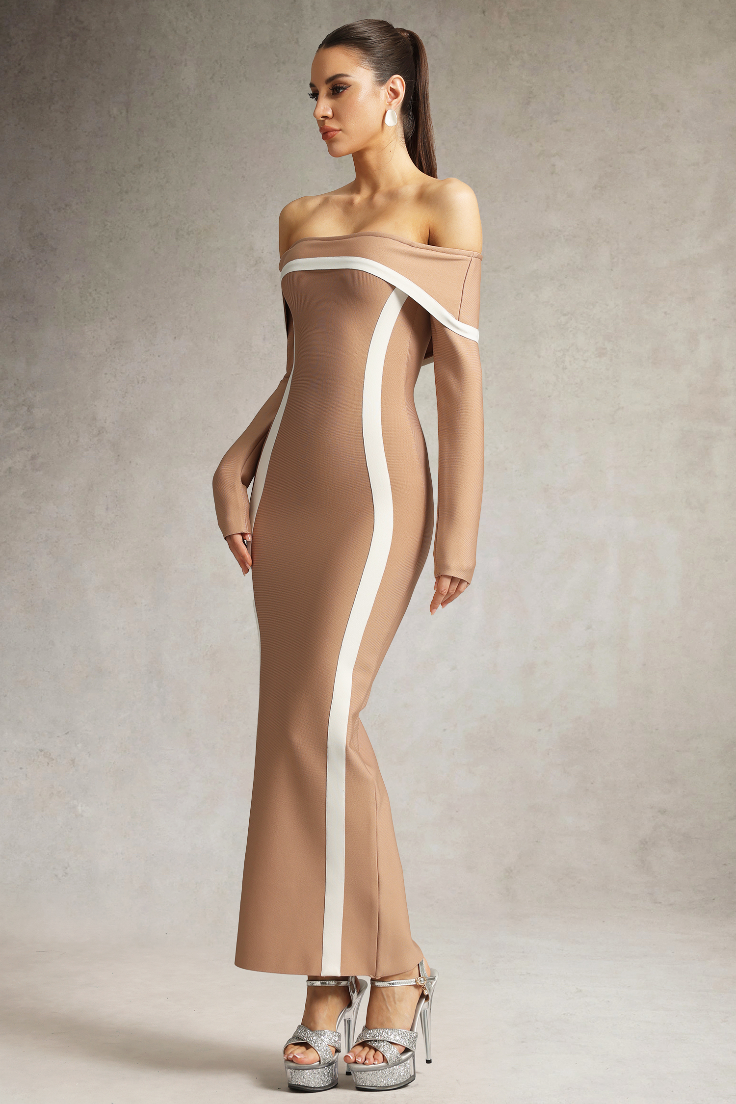 Hilda Off The Shoulder Long Sleeve Brown Maxi Dress