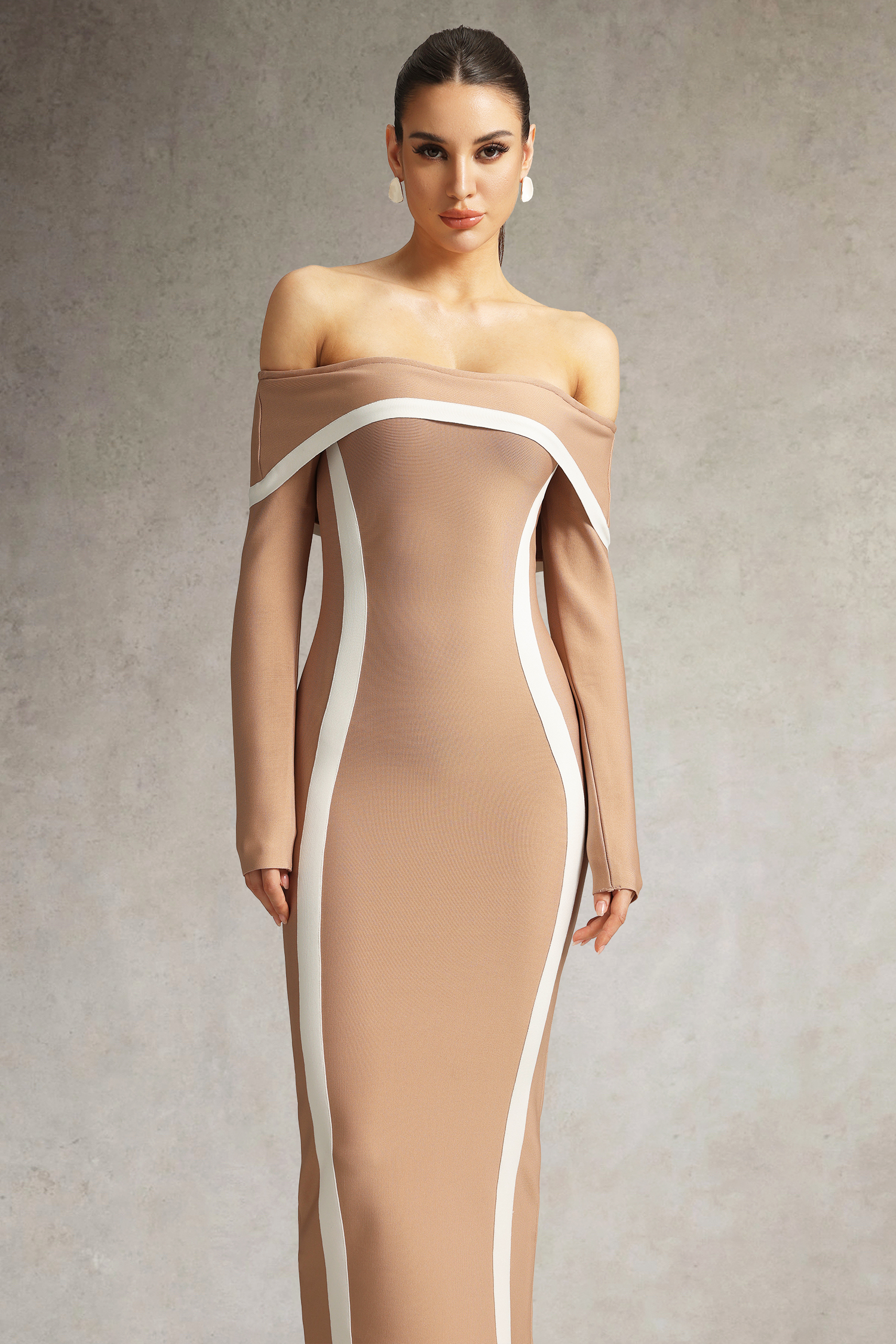 Hilda Off The Shoulder Long Sleeve Brown Maxi Dress