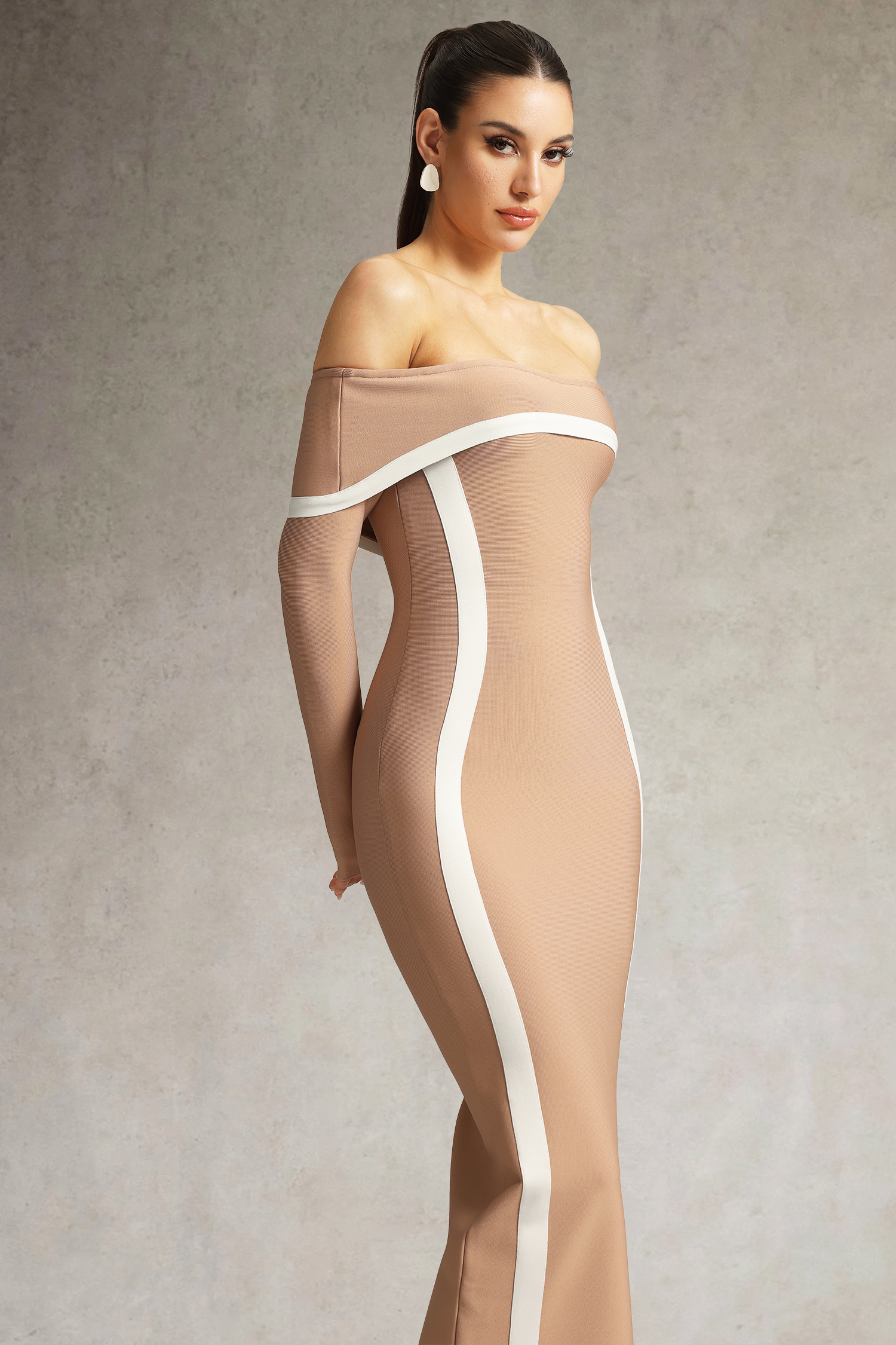 Hilda Off The Shoulder Long Sleeve Brown Maxi Dress