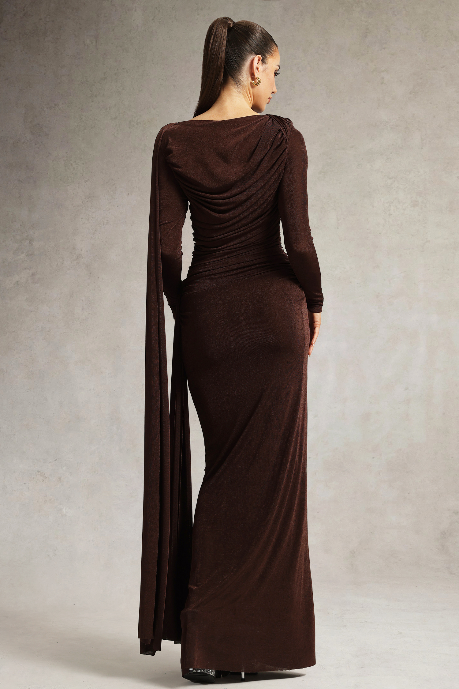 Tihila Long Sleeve Ruched Brown Maxi Dress