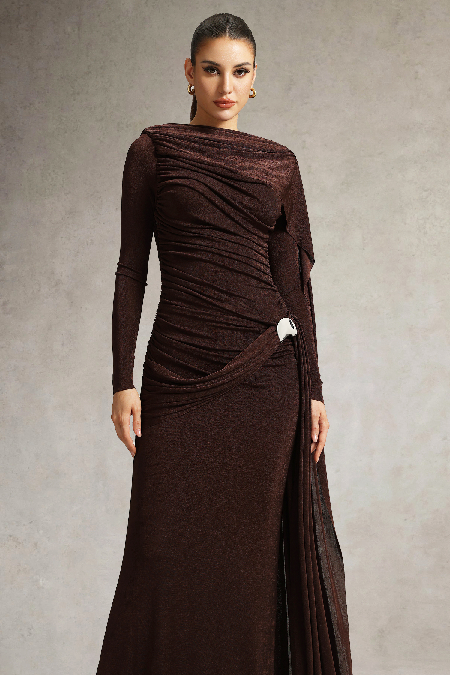 Tihila Long Sleeve Ruched Brown Maxi Dress