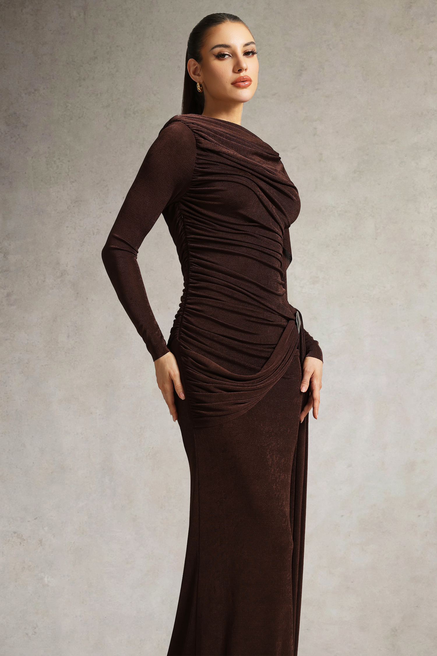 Tihila Long Sleeve Ruched Brown Maxi Dress