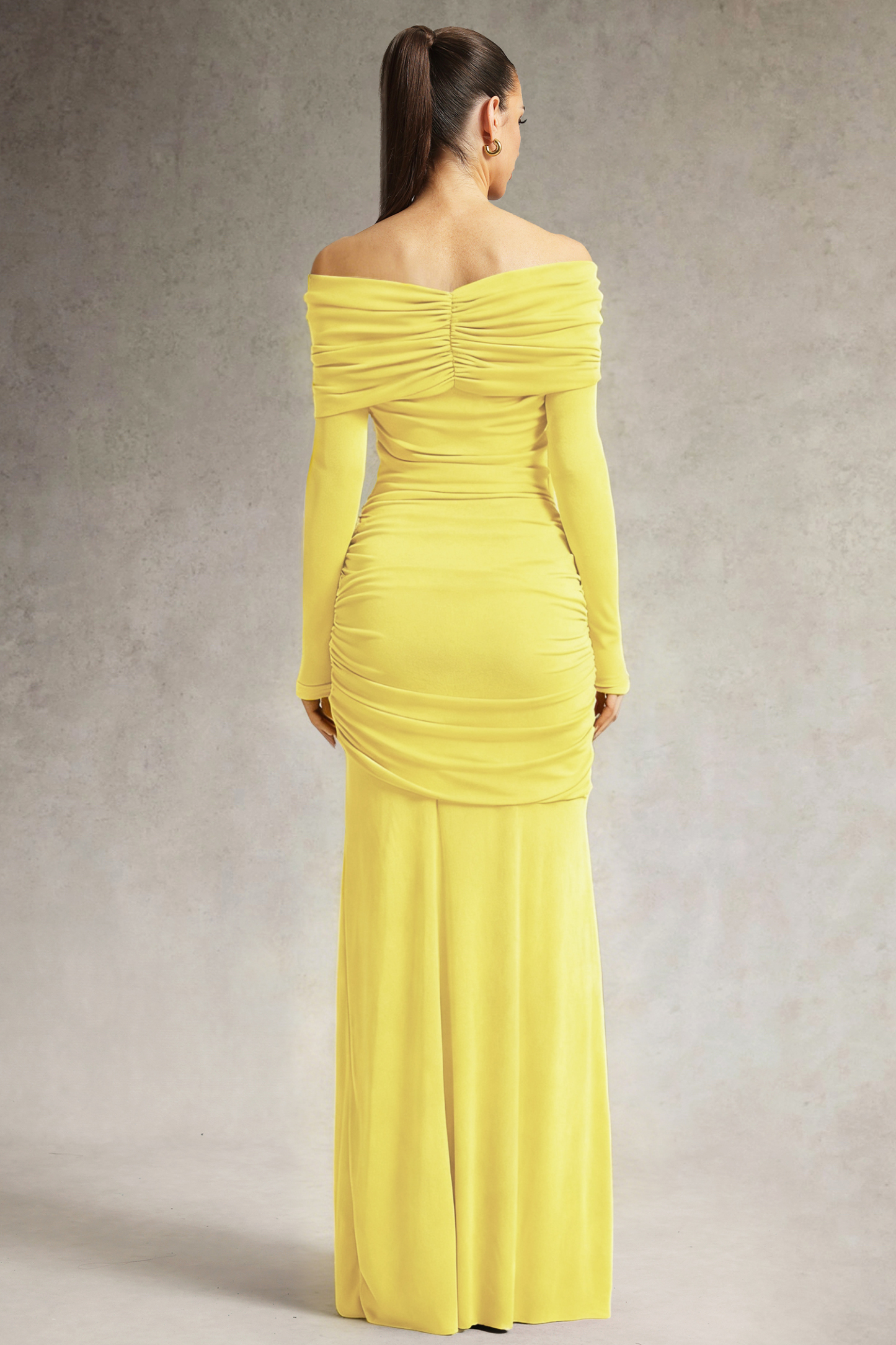 Jillian Off Shoulder Long Sleeve Ruched Yellow Maxi Dress
