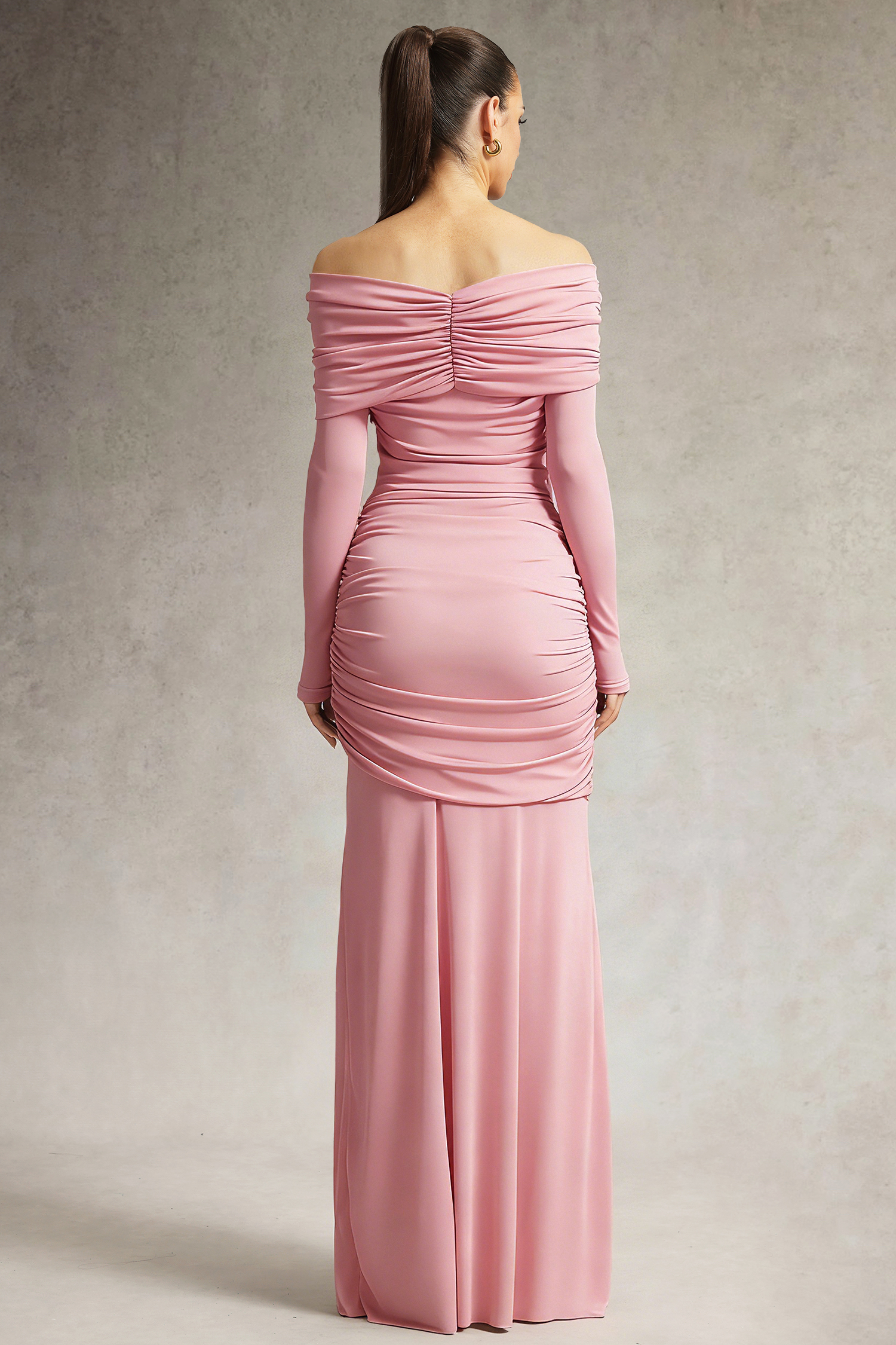 Jillian Off Shoulder Long Sleeve Ruched Pink Maxi Dress