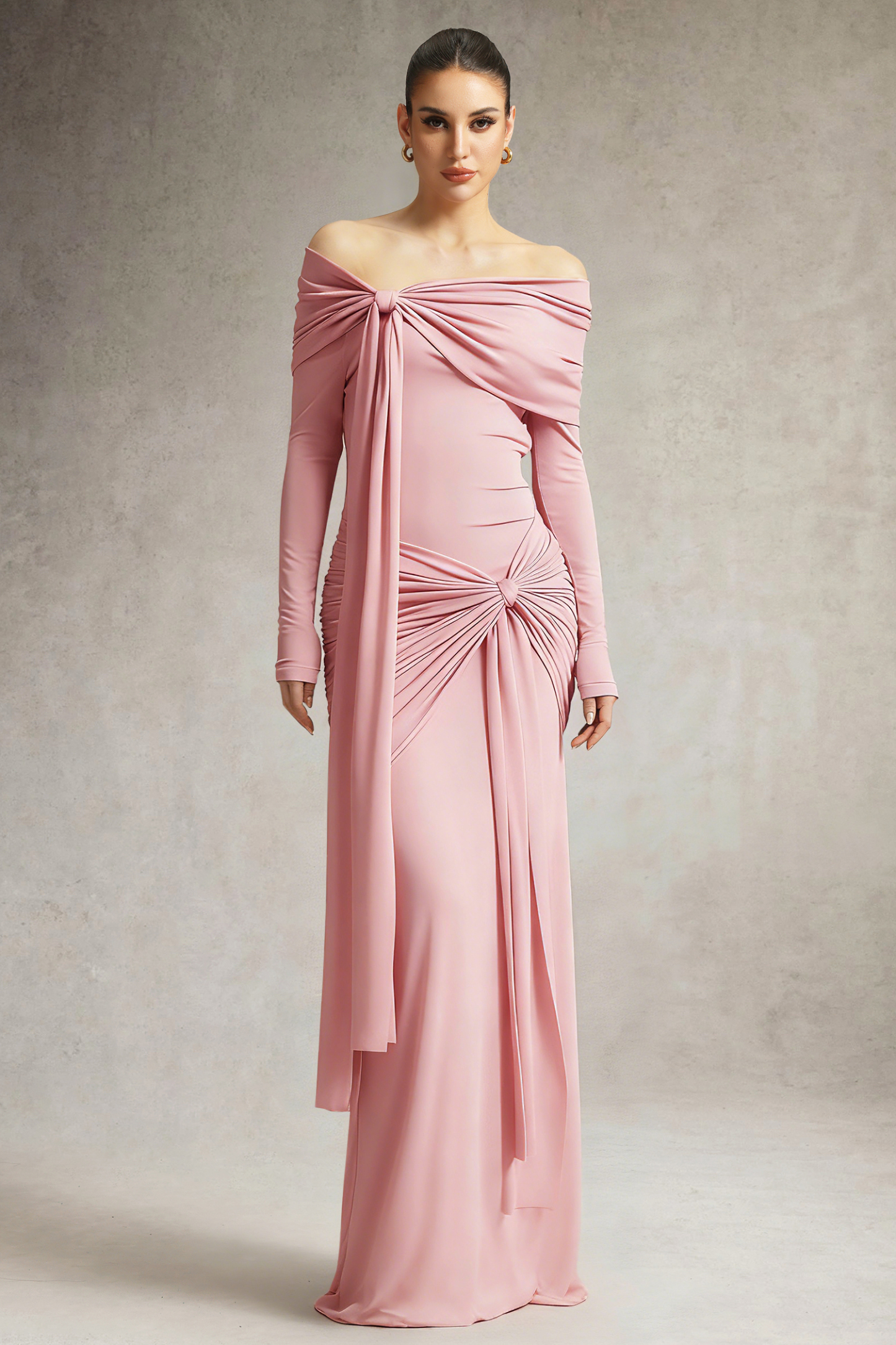 Jillian Off Shoulder Long Sleeve Ruched Pink Maxi Dress