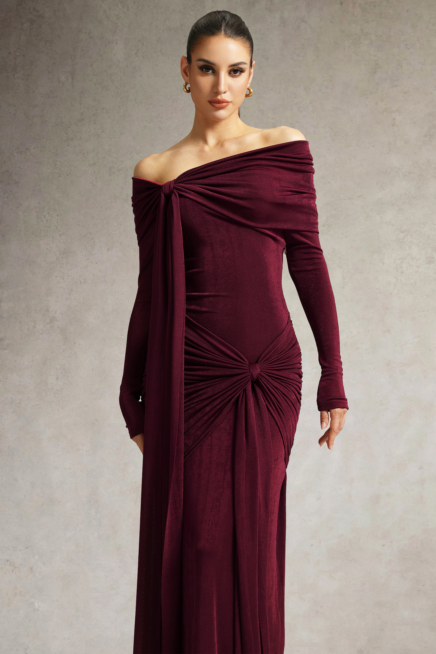 min2。2個セット。 Jillian Off Shoulder Long Sleeve Ruched Red Maxi Dress