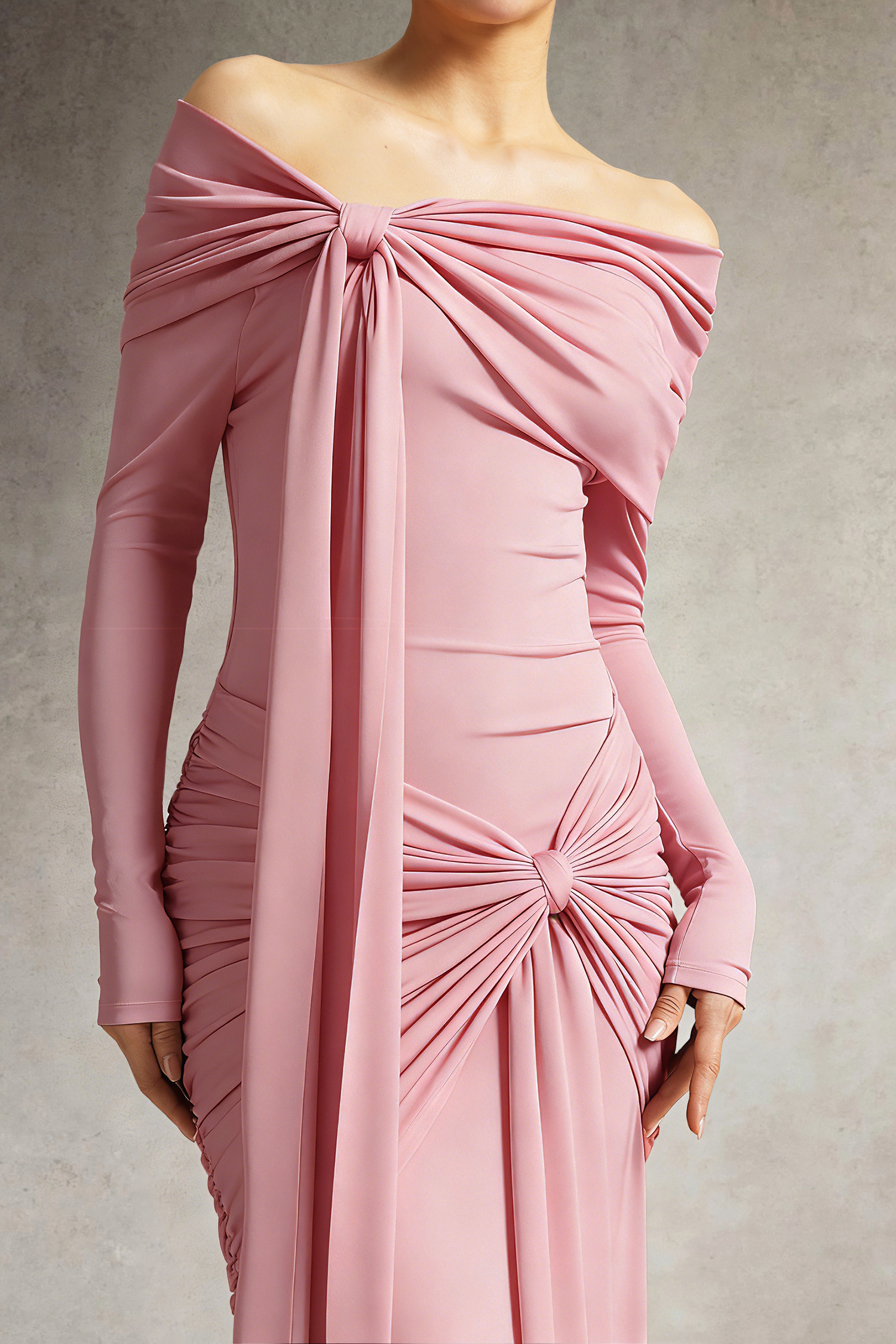 Jillian Off Shoulder Long Sleeve Ruched Pink Maxi Dress