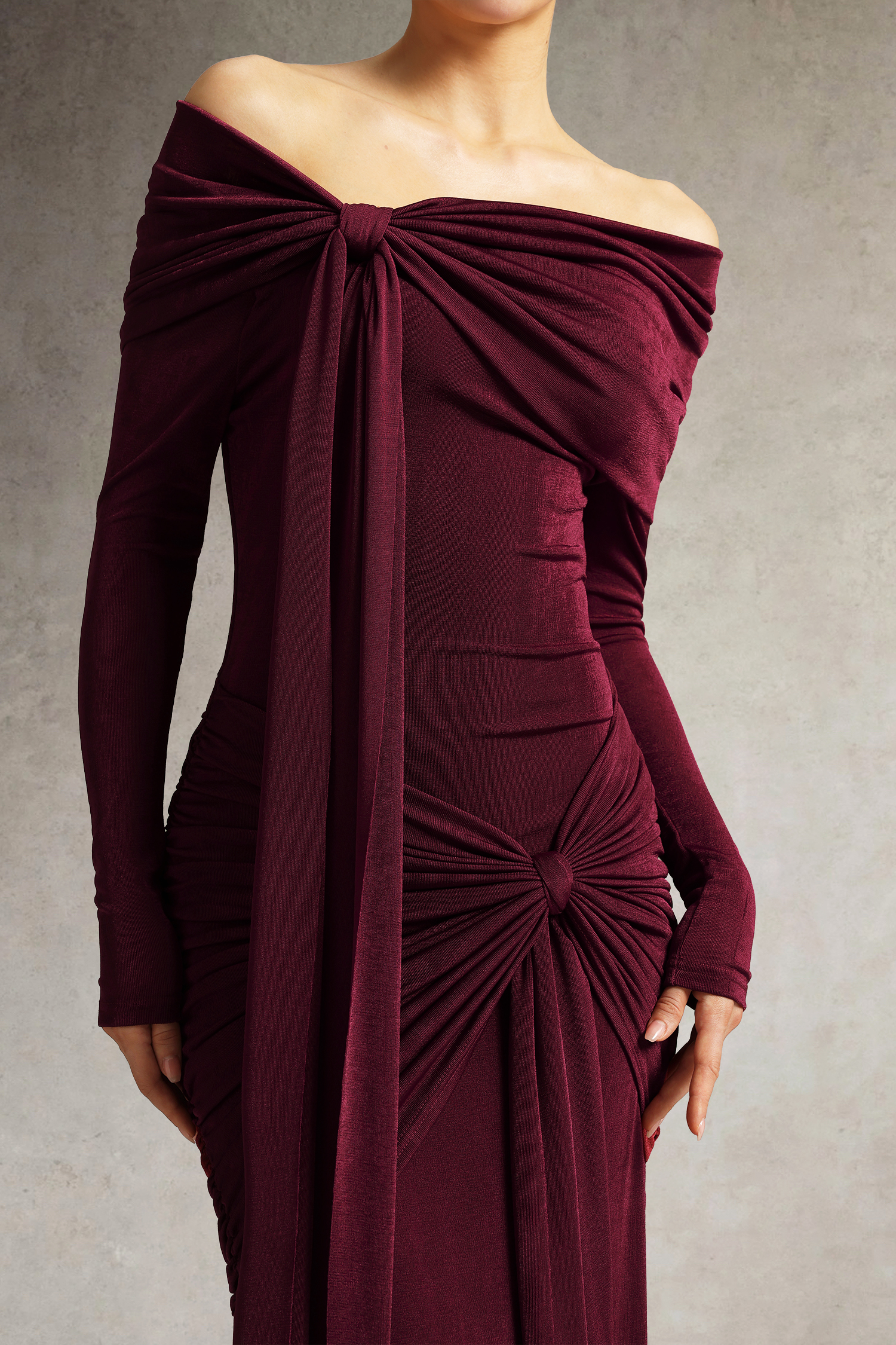 Jillian Off Shoulder Long Sleeve Ruched Red Maxi Dress