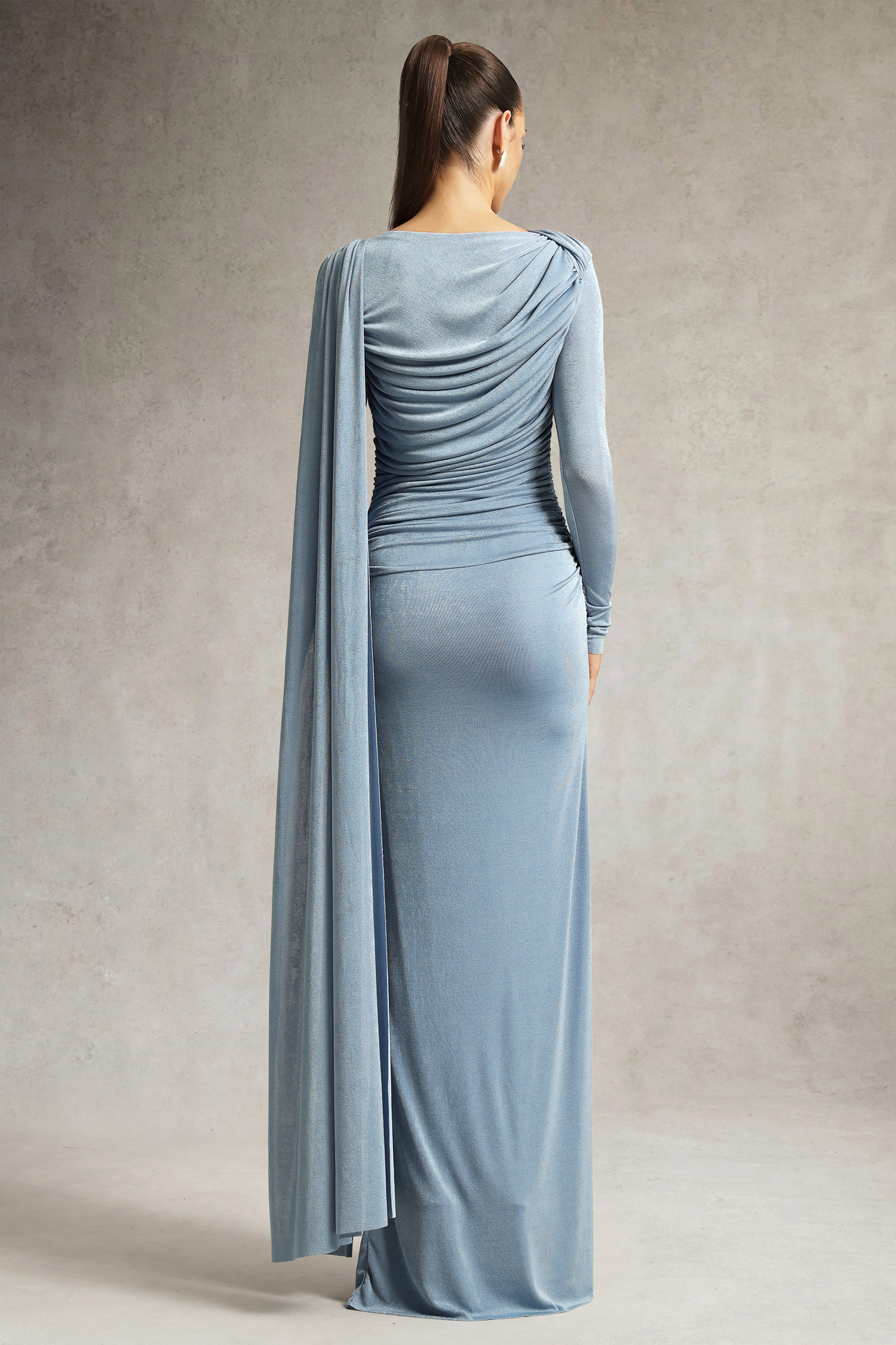 Tihila Long Sleeve Ruched Blue Maxi Dress