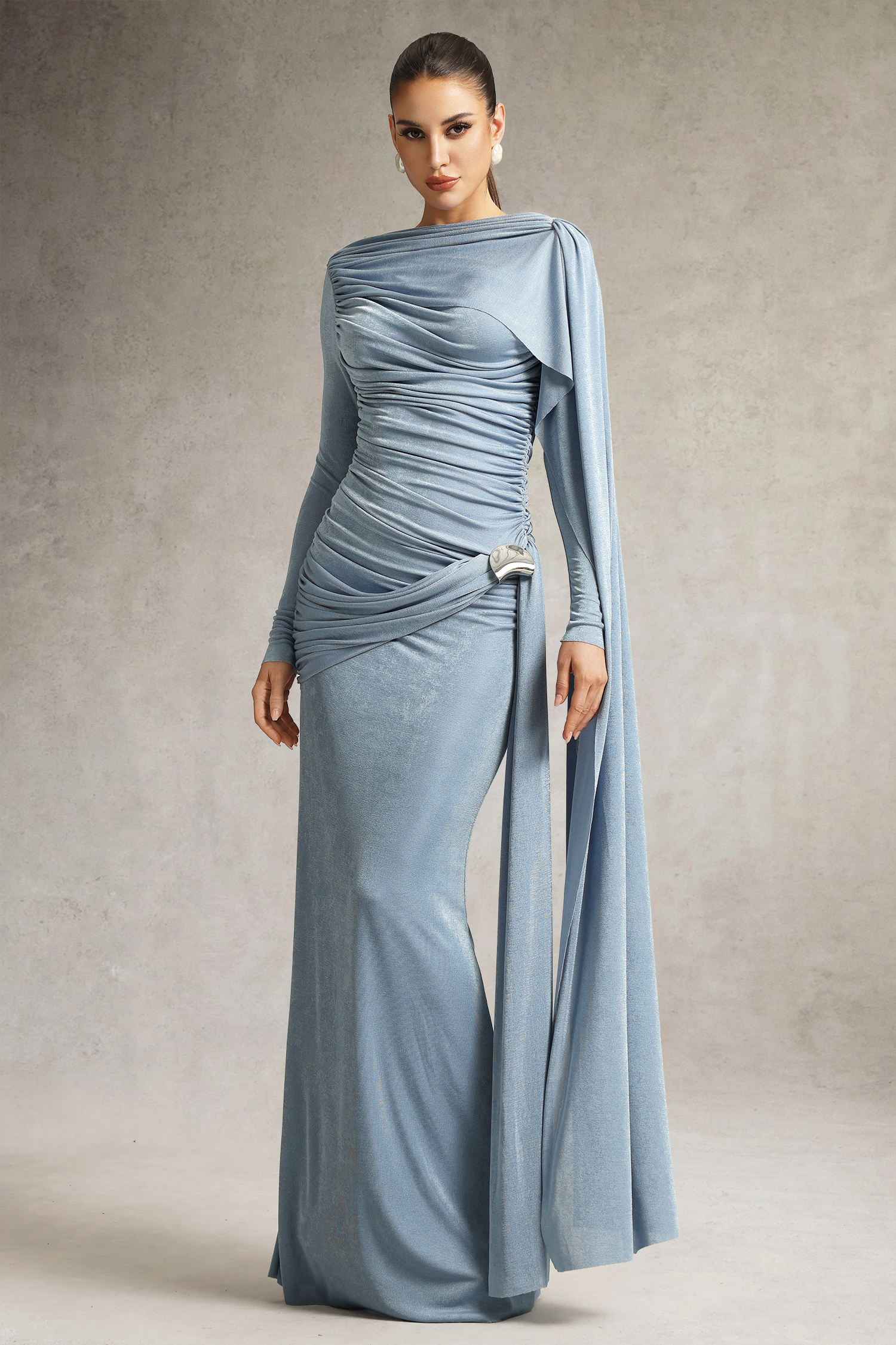 Tihila Long Sleeve Ruched Blue Maxi Dress
