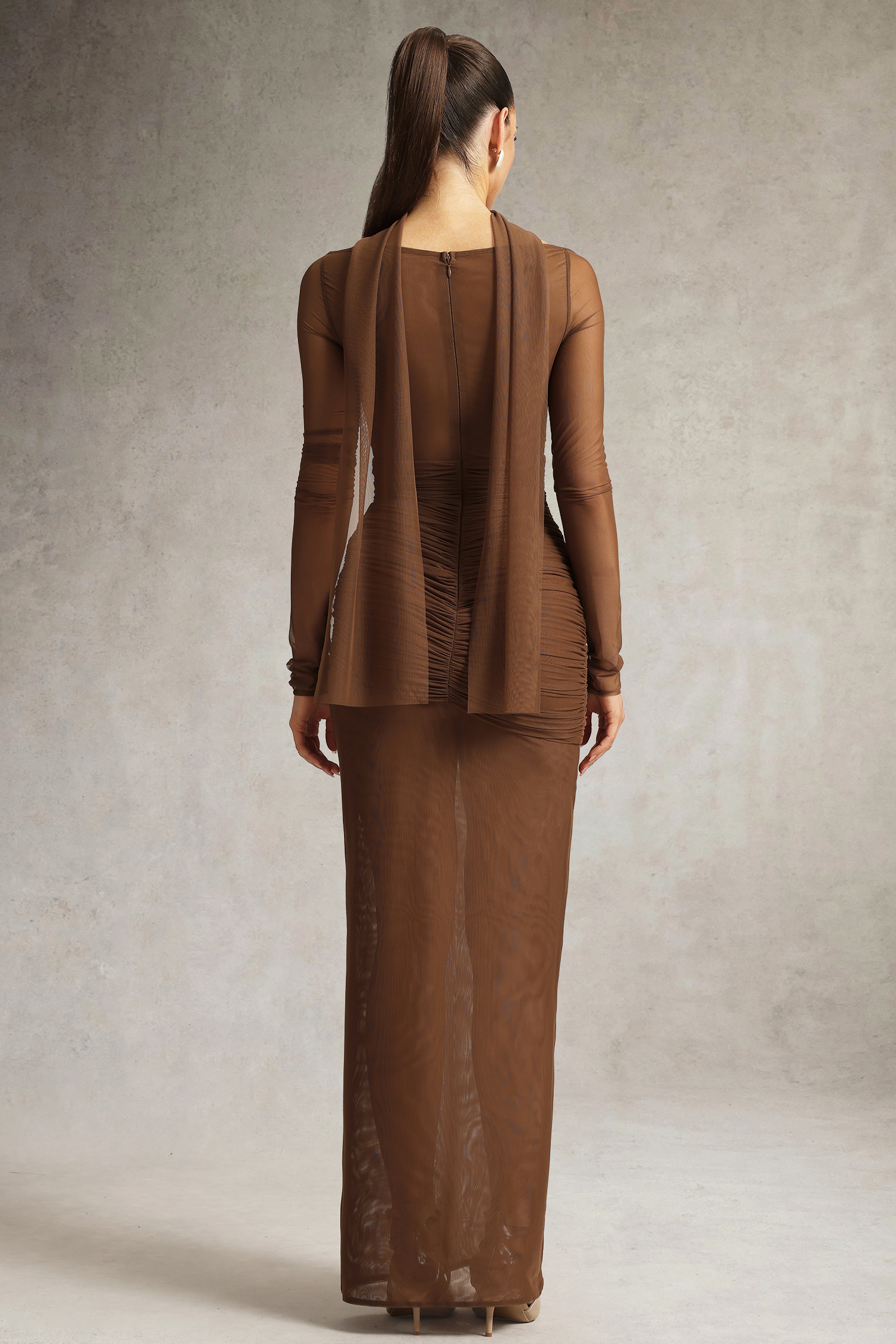 Zimino Long Sleeve Ruched Tulle Maxi Dress