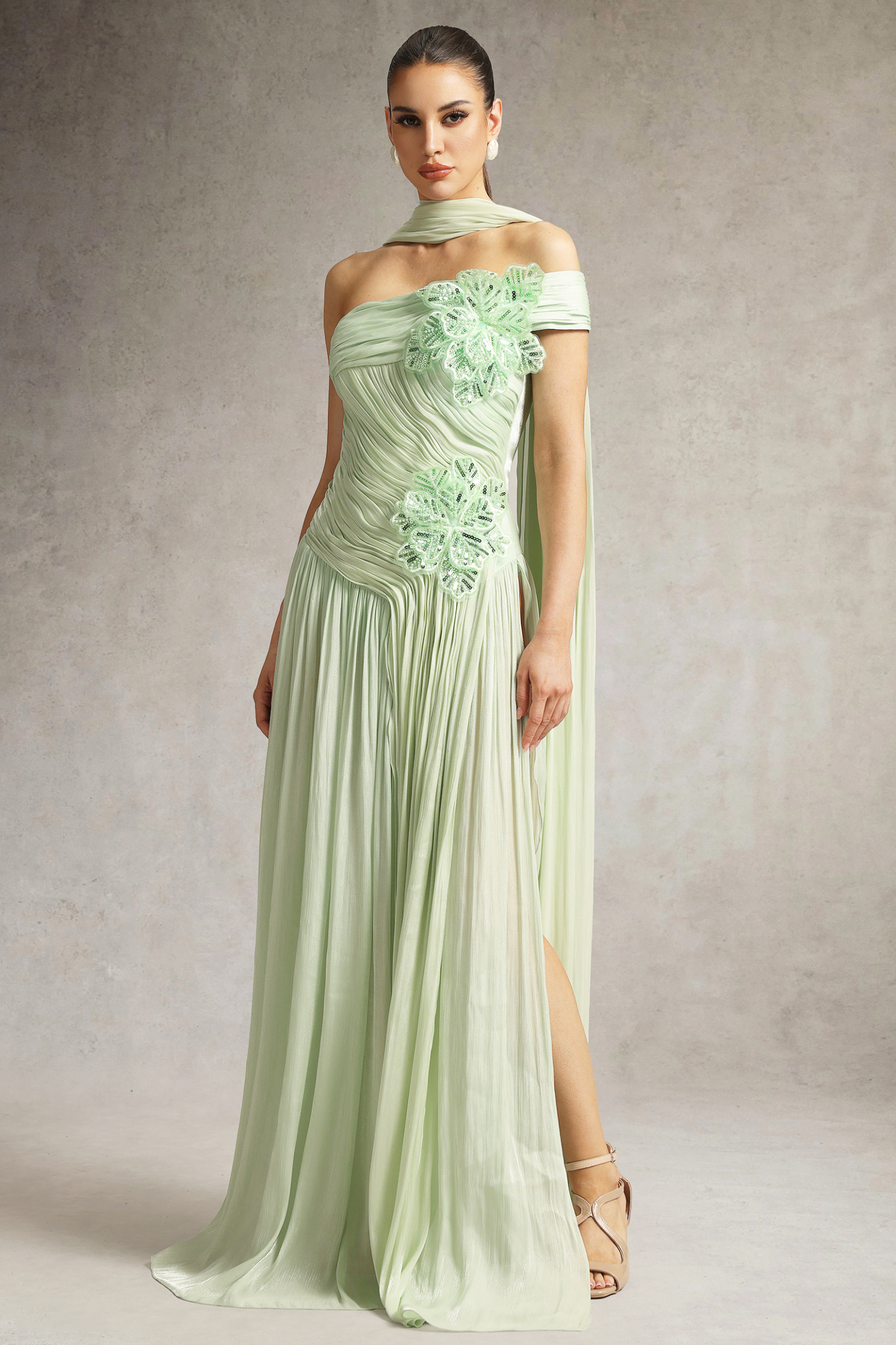 Mellies One Shoulder Floral Ruched High Slit Maxi Dress