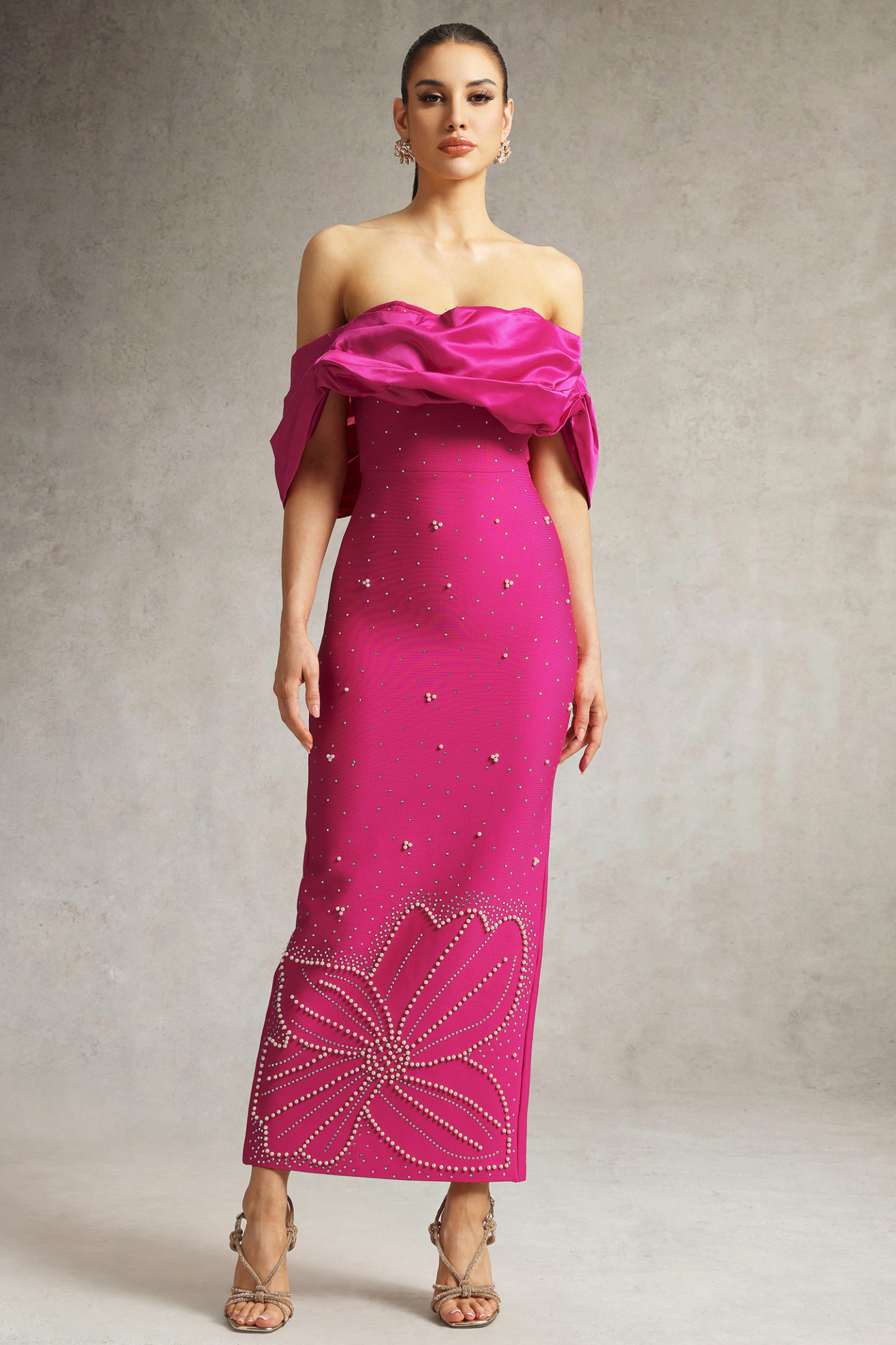 Winify Off Shoulder Rhinestone Bandage Maxi Dress