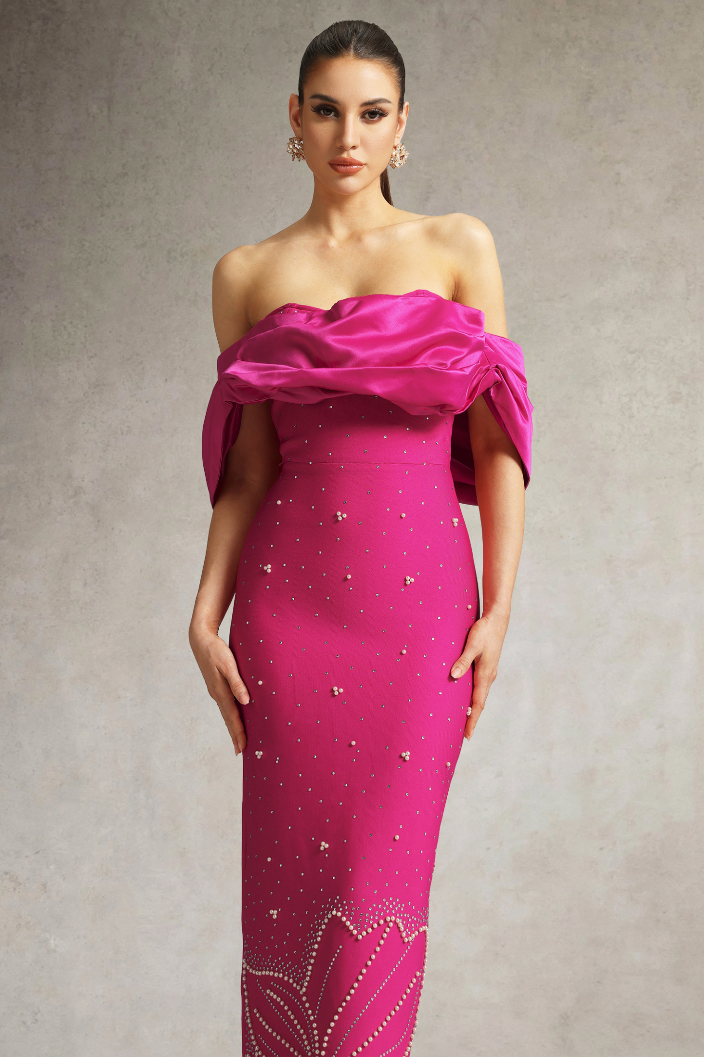 Winify Off Shoulder Rhinestone Bandage Maxi Dress