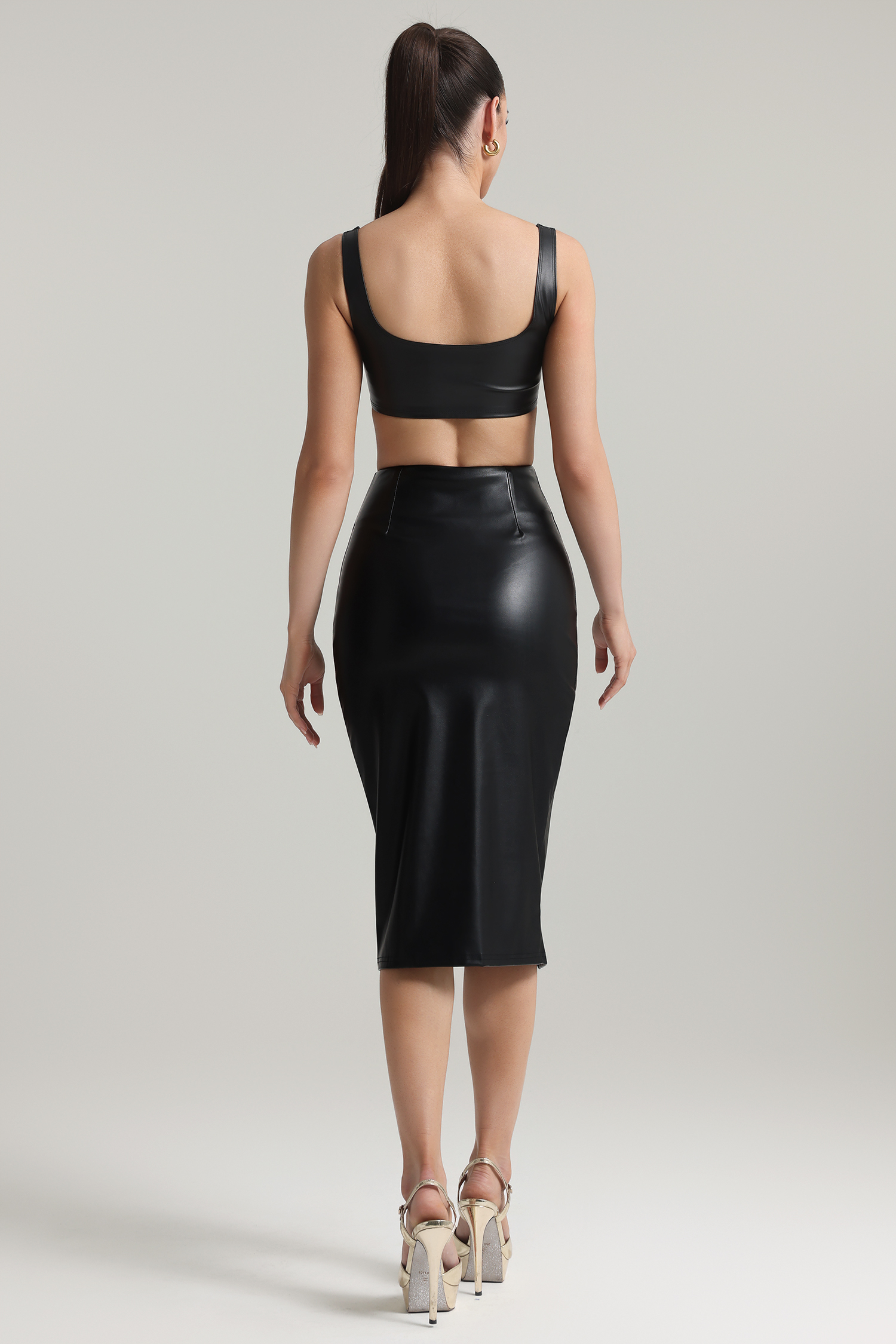 Lorena Sleeveless Slit Artificial Leather Maxi Two-piece Set