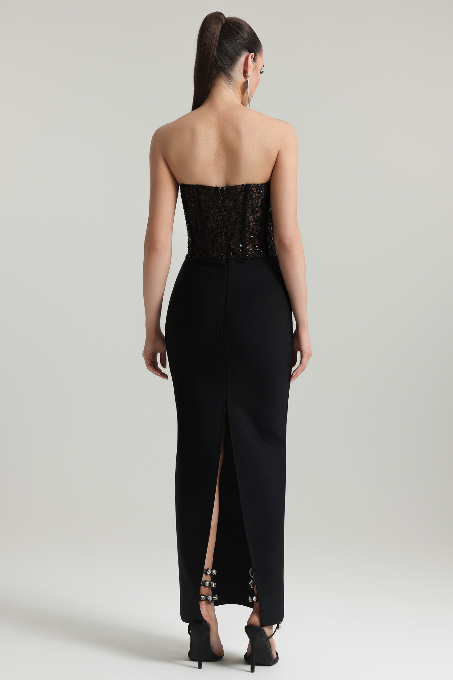 Dodou Strapless Cape Sequin Bandage Maxi Dress