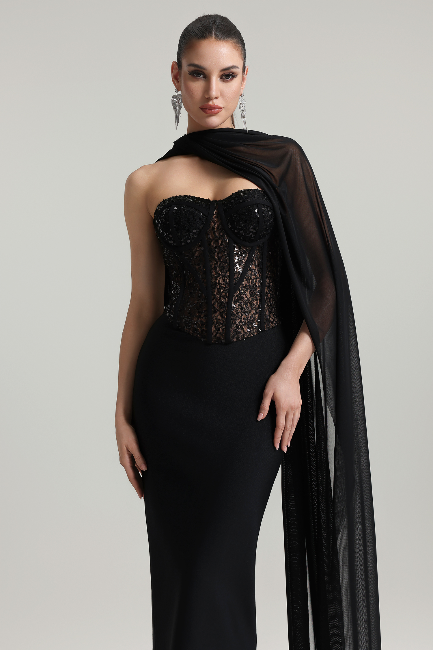 Dodou Strapless Cape Sequin Bandage Maxi Dress