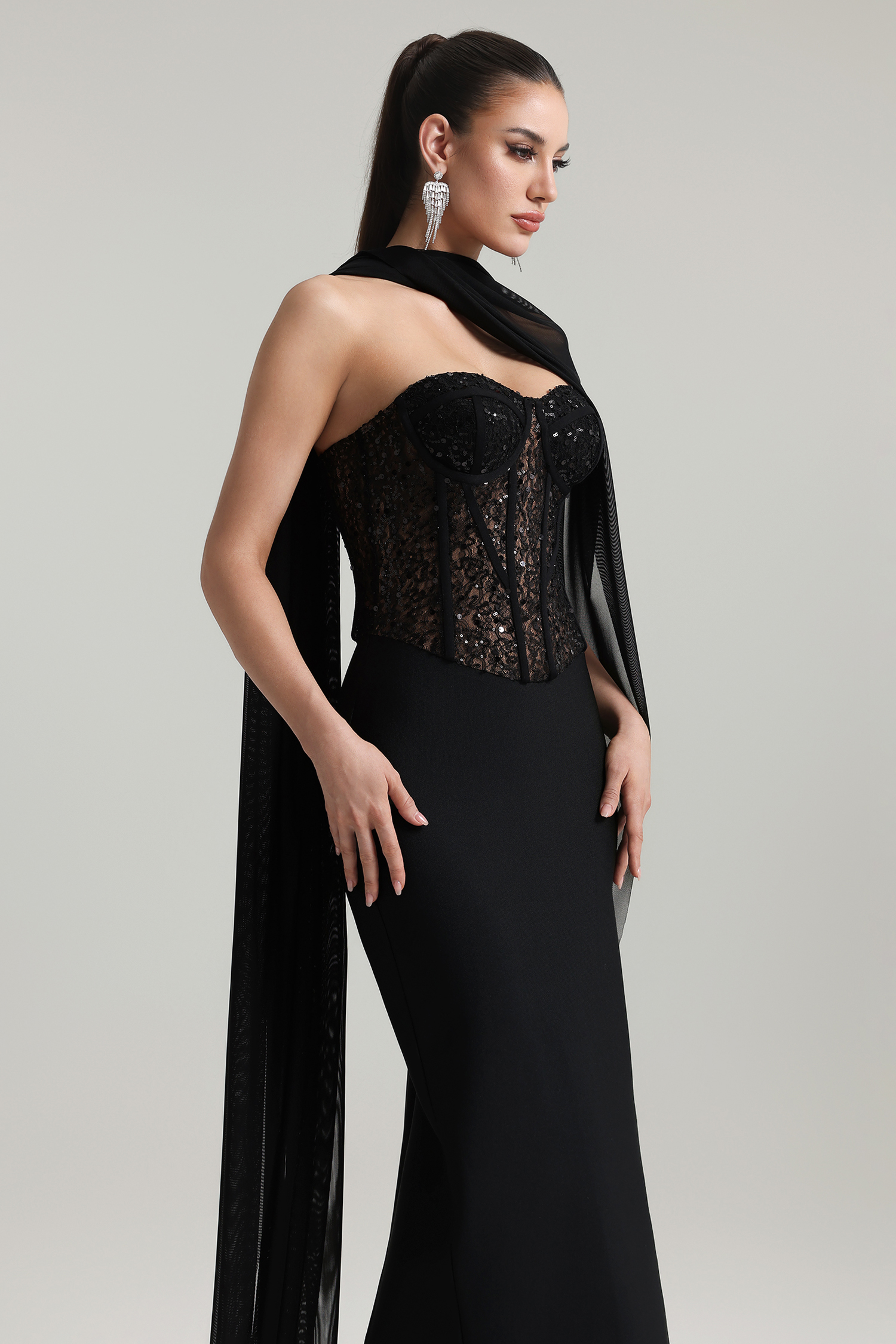 Dodou Strapless Cape Sequin Bandage Maxi Dress