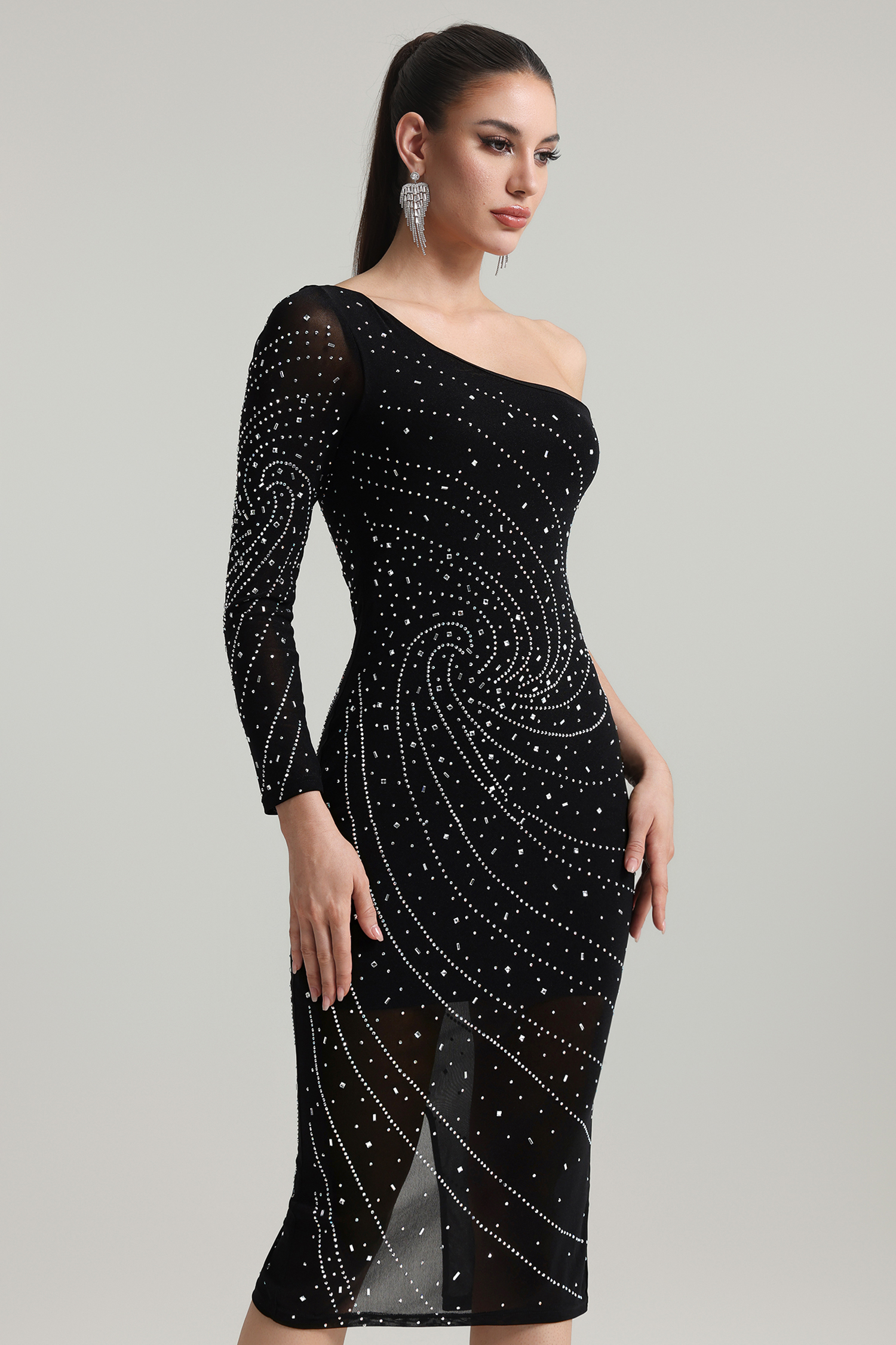 Hlasa One Shoulder Rhinestone Midi Dress – Bellabarnett