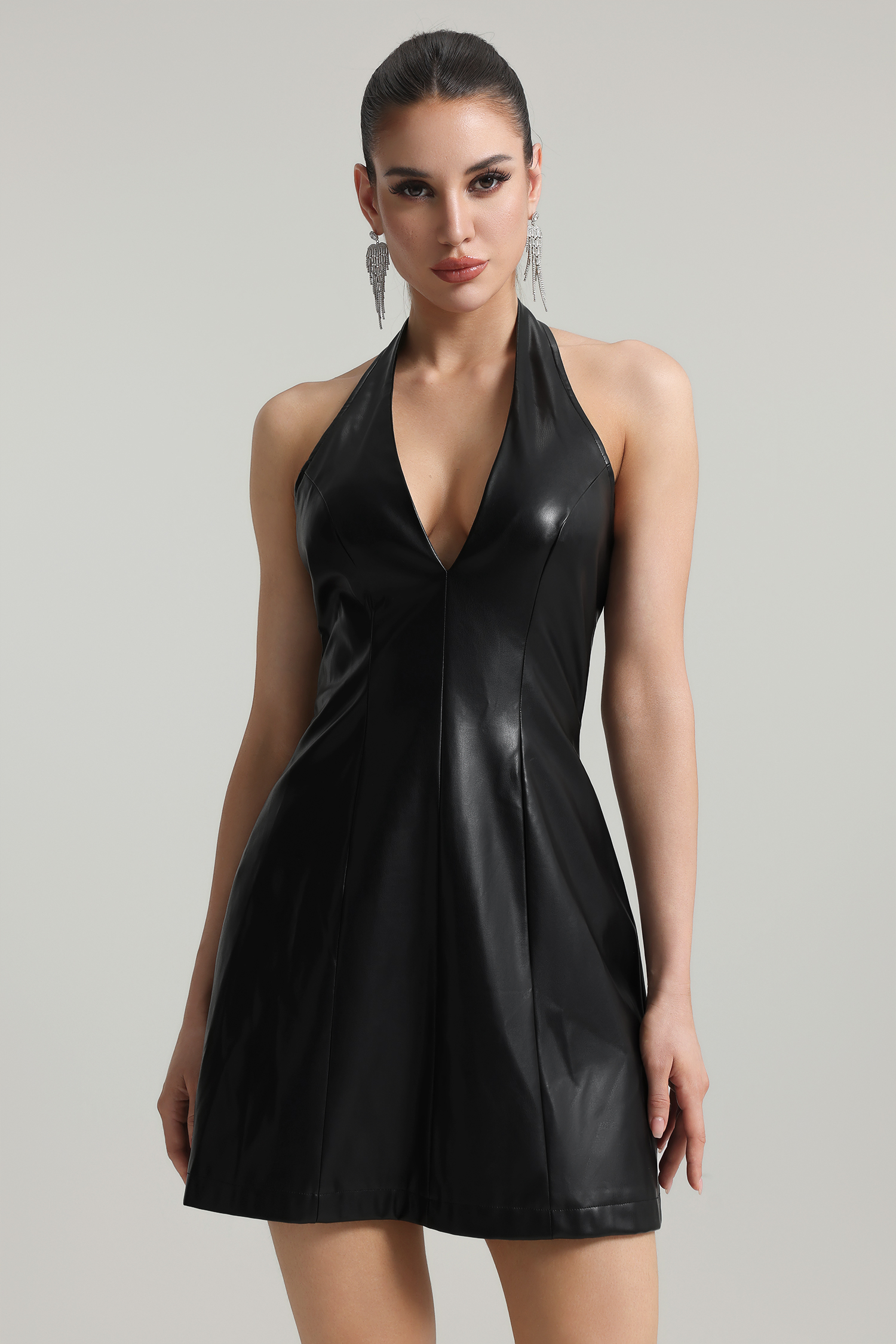 Talasa Halter Deep-V Artificial Leather Mini Dress
