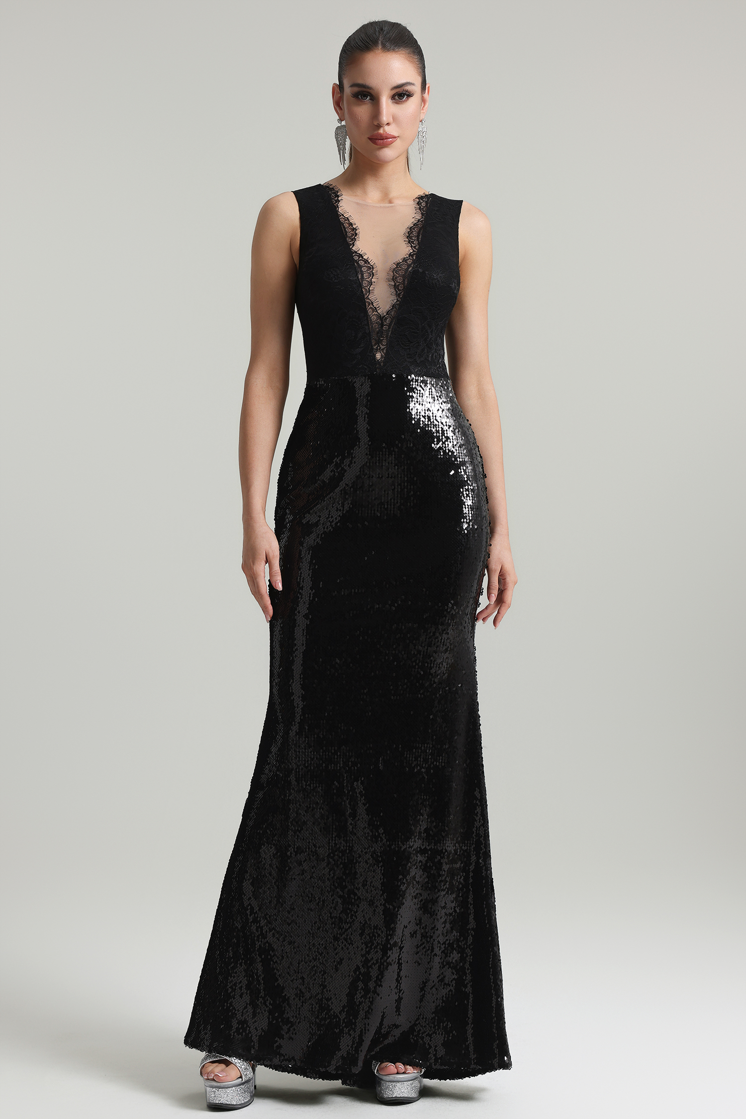 Kerry Lace Deep V Sequin Maxi Dress