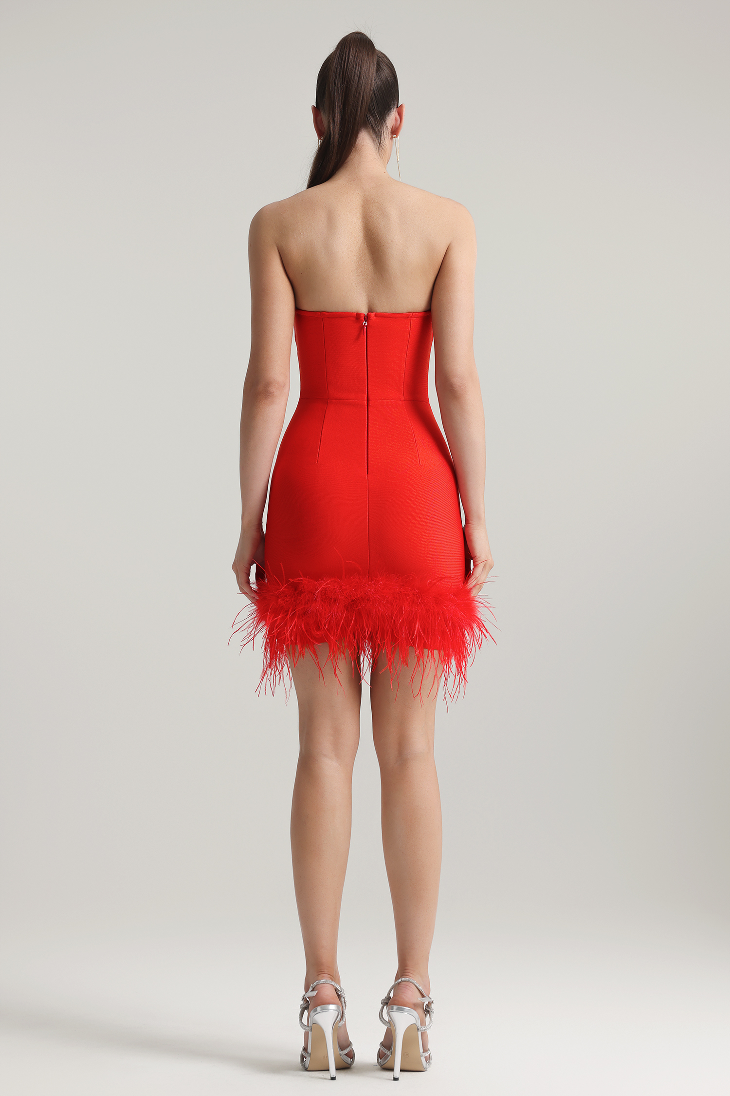 Moss Strapless Feather Bandage Mini Dress