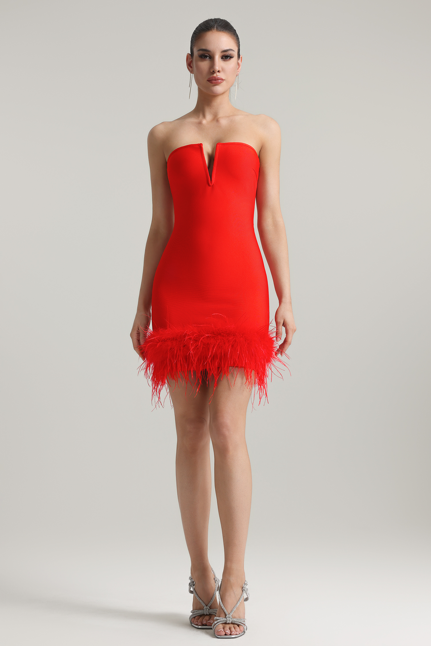Moss Strapless Feather Bandage Mini Dress