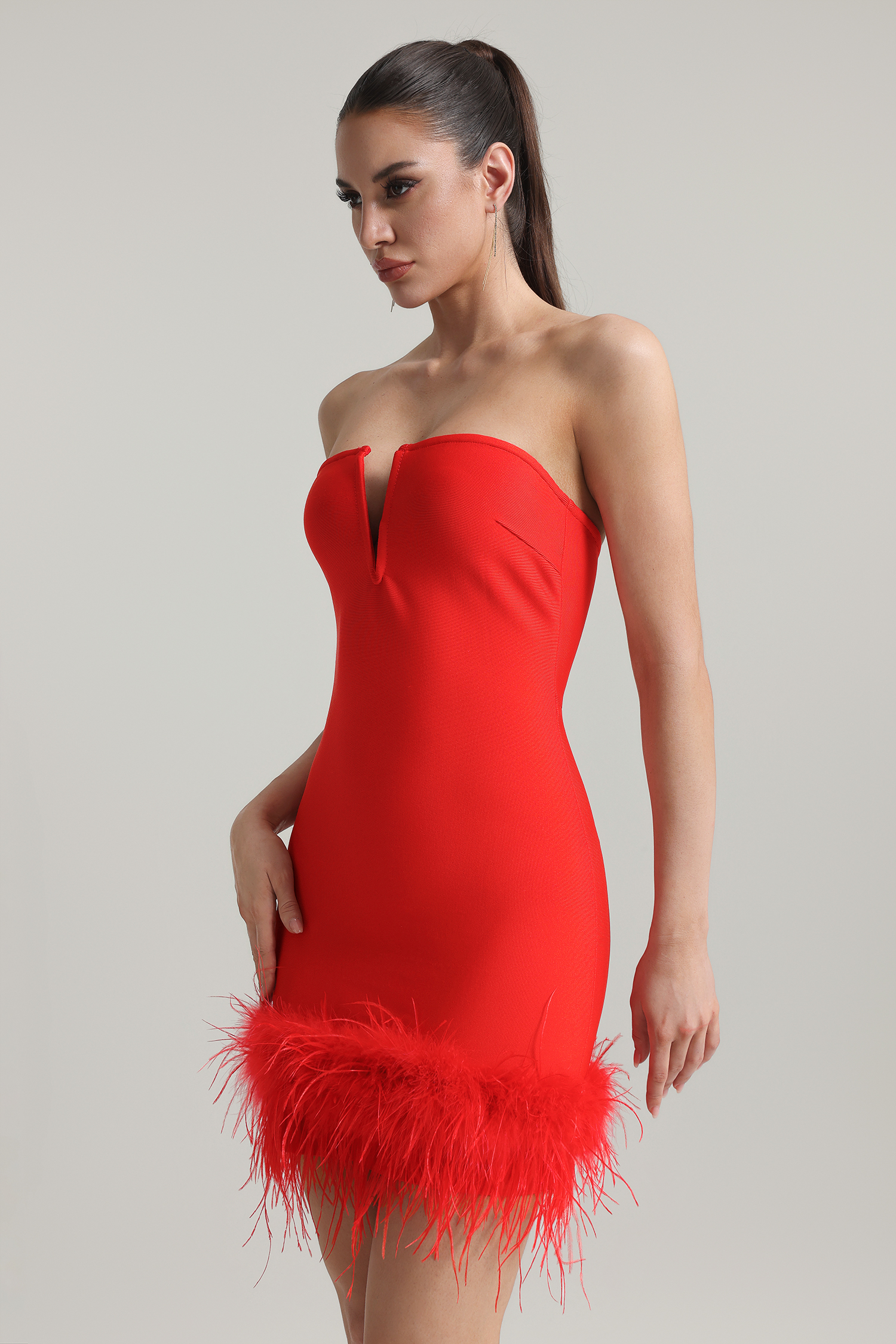 Moss Strapless Feather Bandage Mini Dress