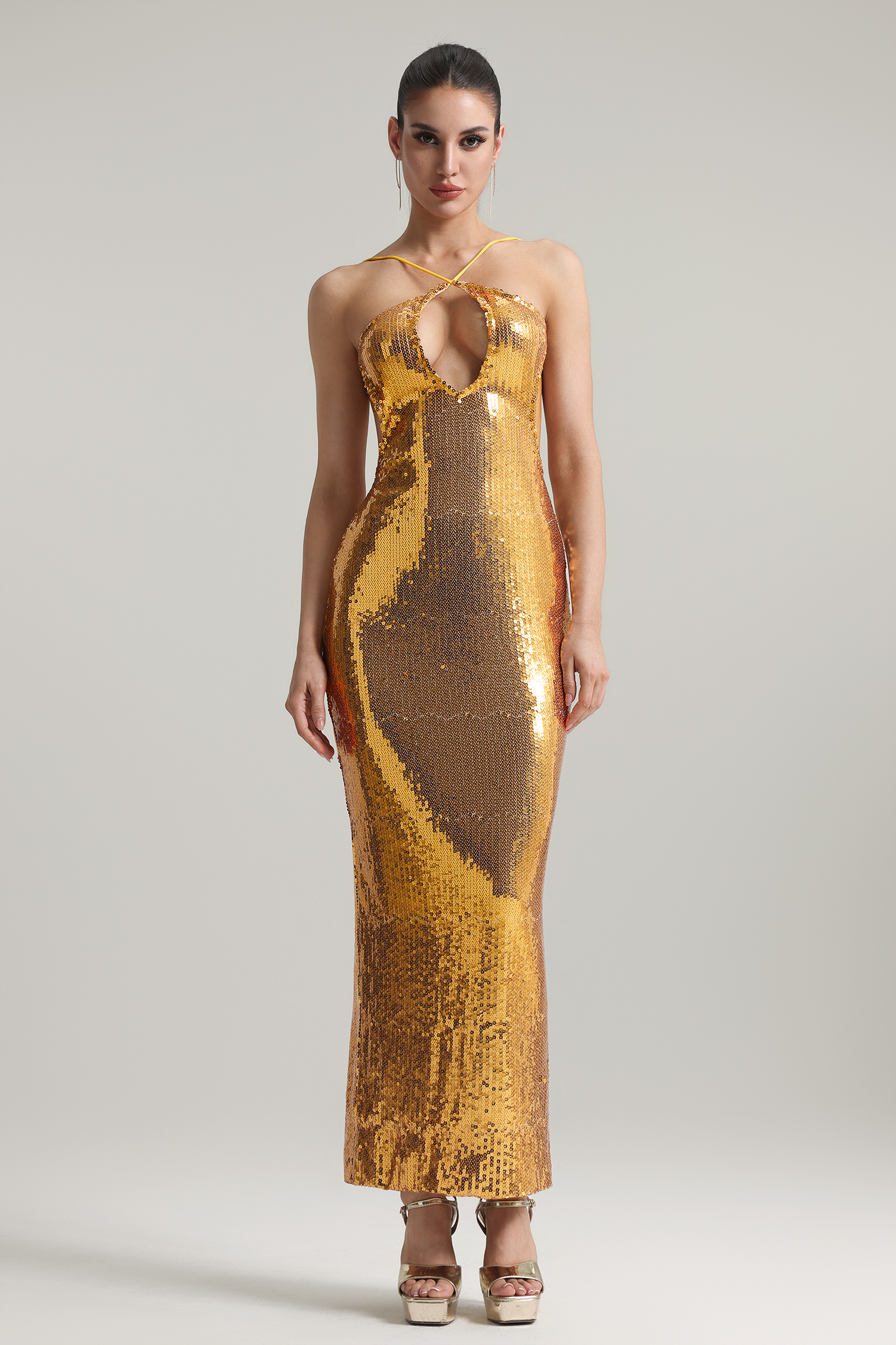 Hazada Halter Cut Out Backless Sequin Maxi Dress