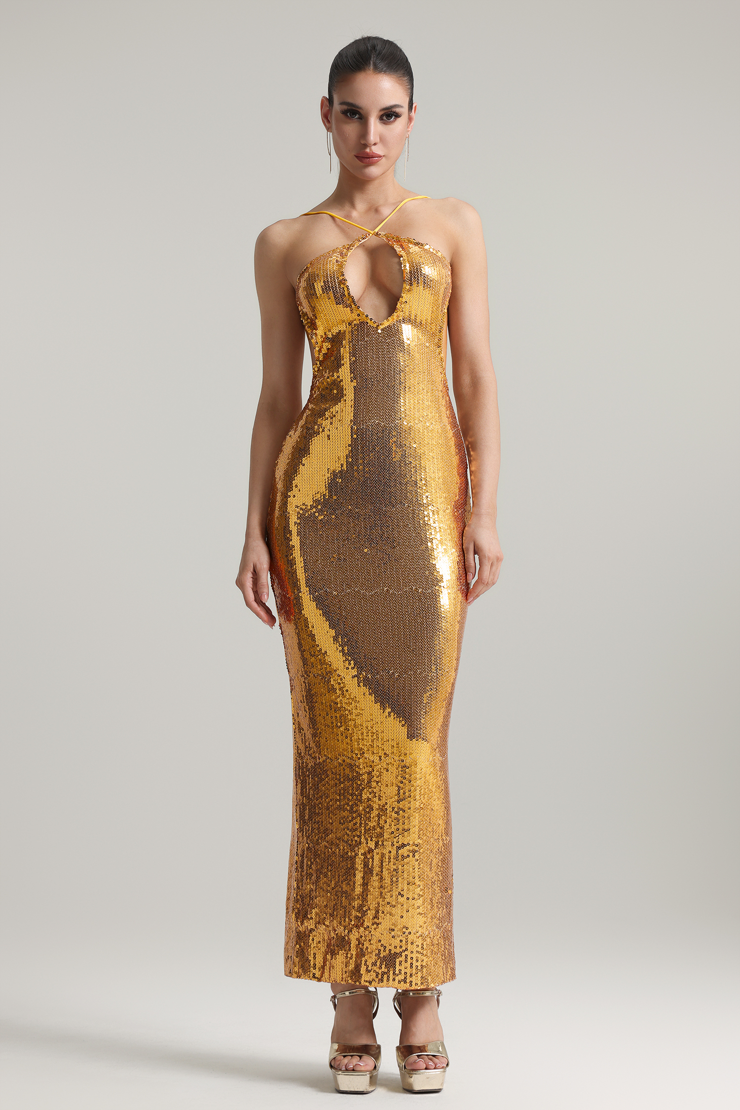 Hazada Halter Cut Out Backless Sequin Maxi Dress