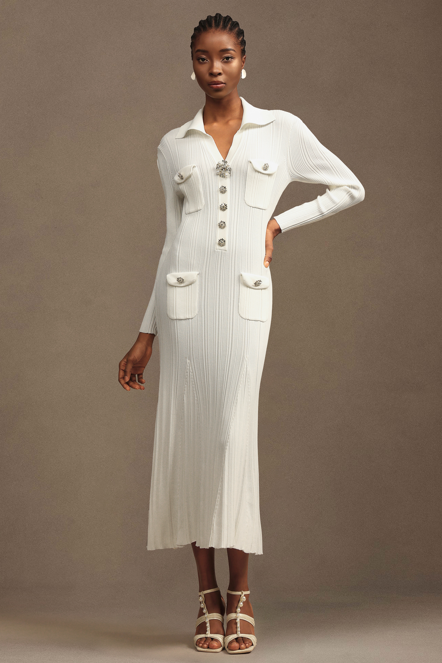 Hoshi Elegant Contour Long Sleeve Knit Maxi Dress