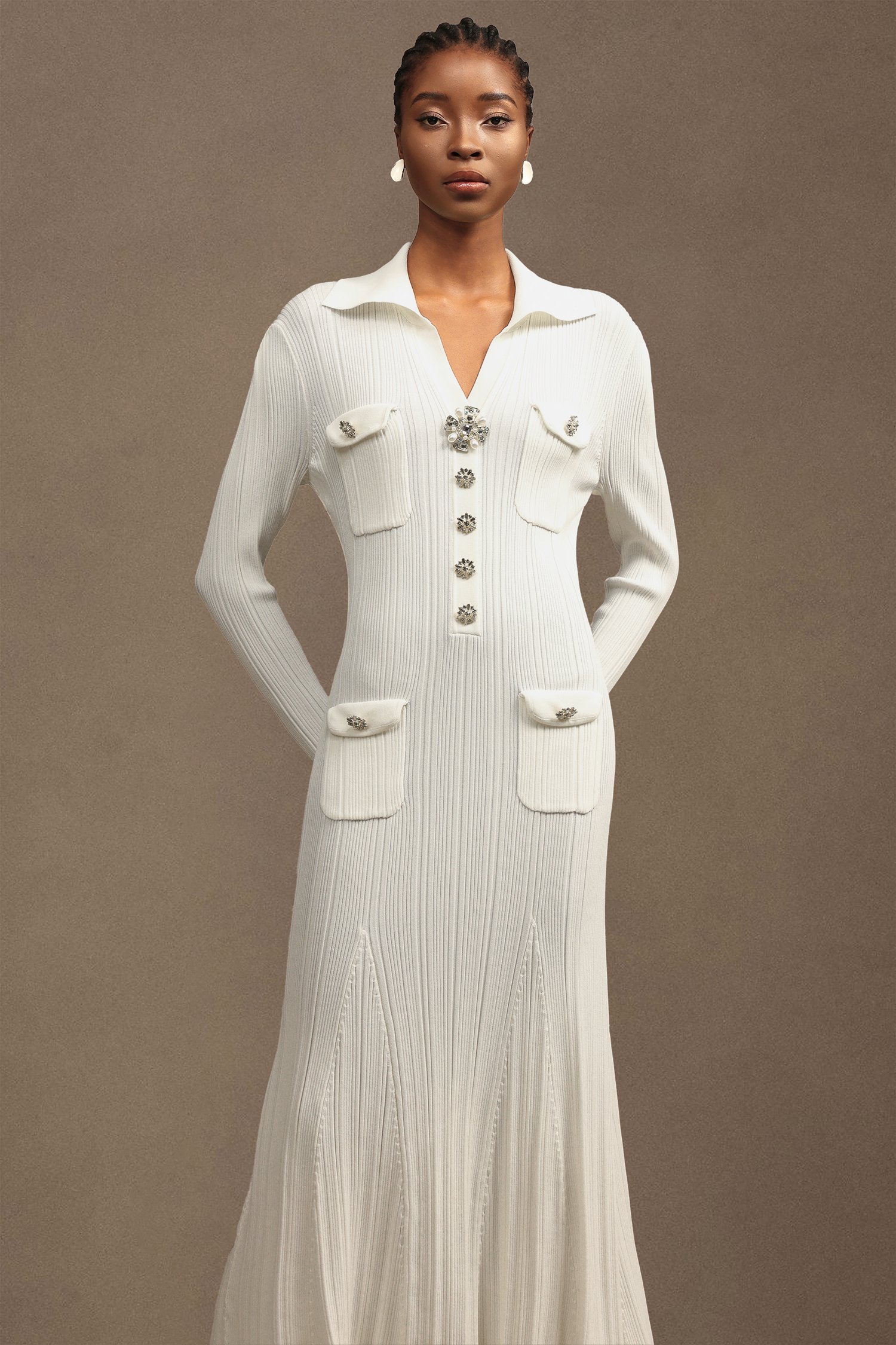 Hoshi Elegant Contour Long Sleeve Knit Maxi Dress