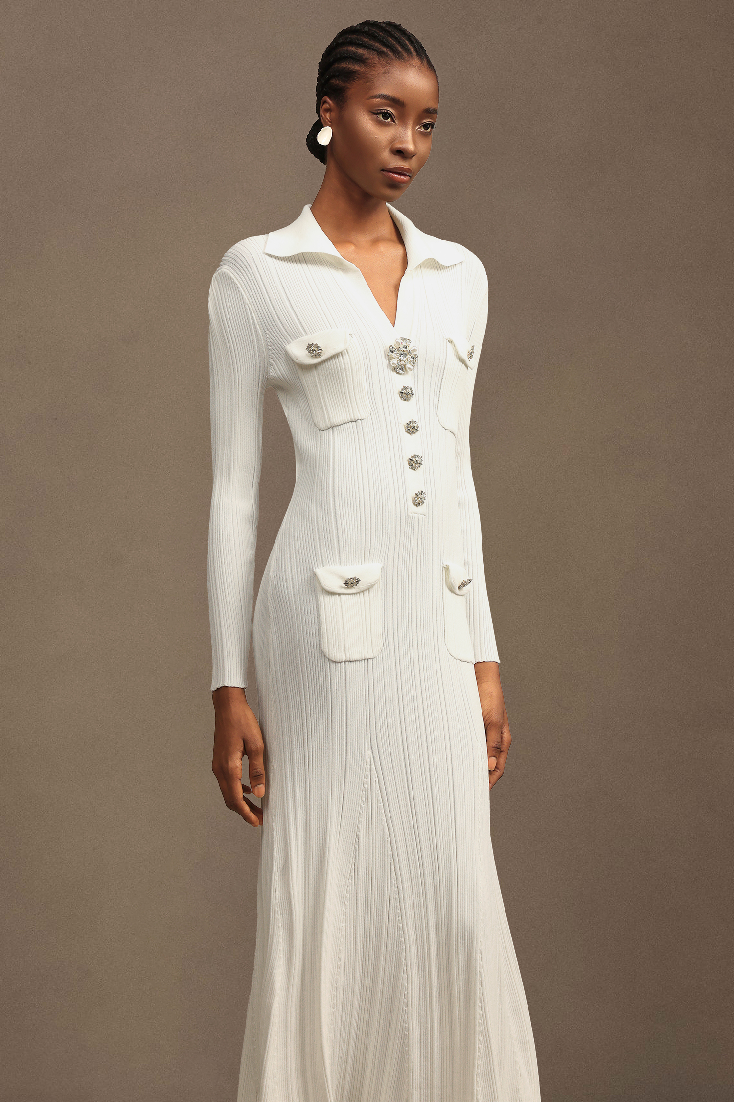 Hoshi Elegant Contour Long Sleeve Knit Maxi Dress